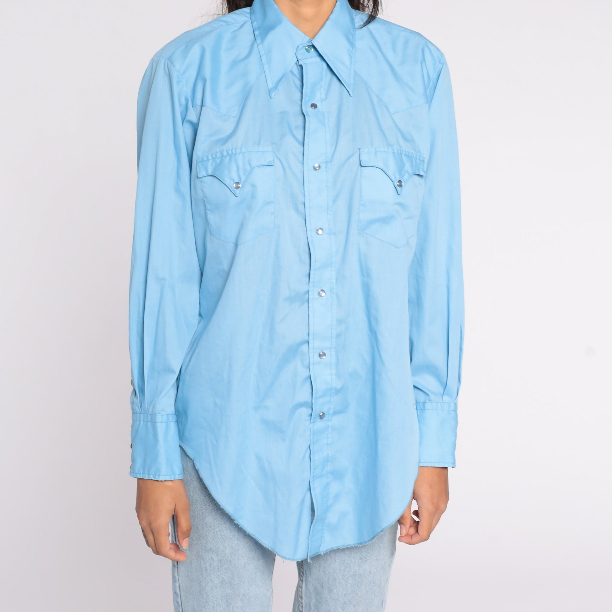 70s Blue Western Button-Up Shirt Long Sleeve Cotton Blend Medium