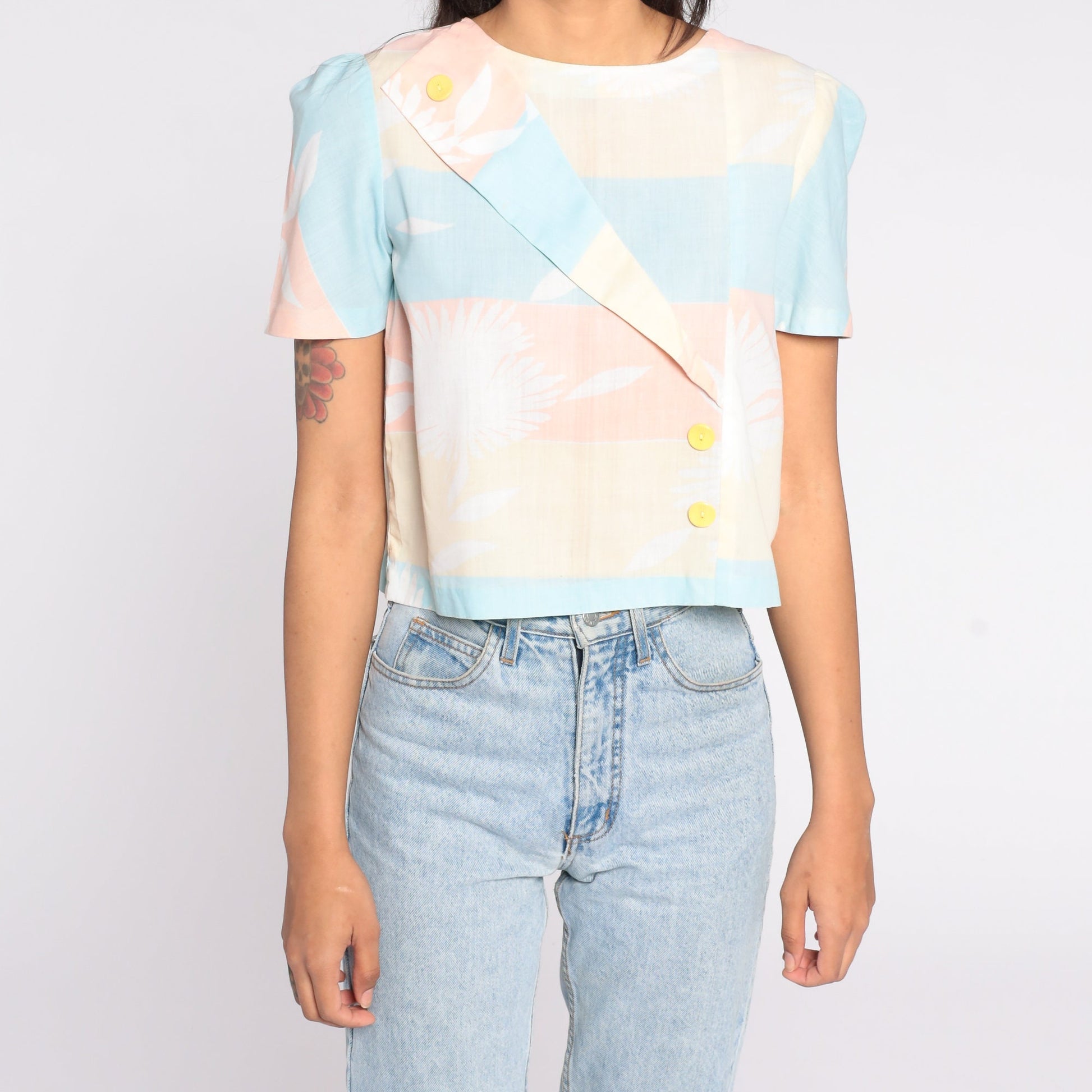 80s Pastel Floral Crop Top Puff Sleeve Blouse Yellow Peach Small