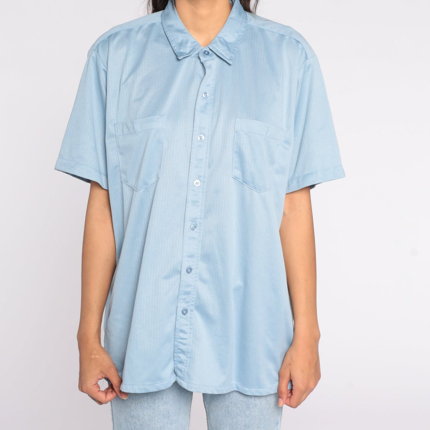 70s Haband Blue Button-Up Shirt Short Sleeve Collar Men's Large