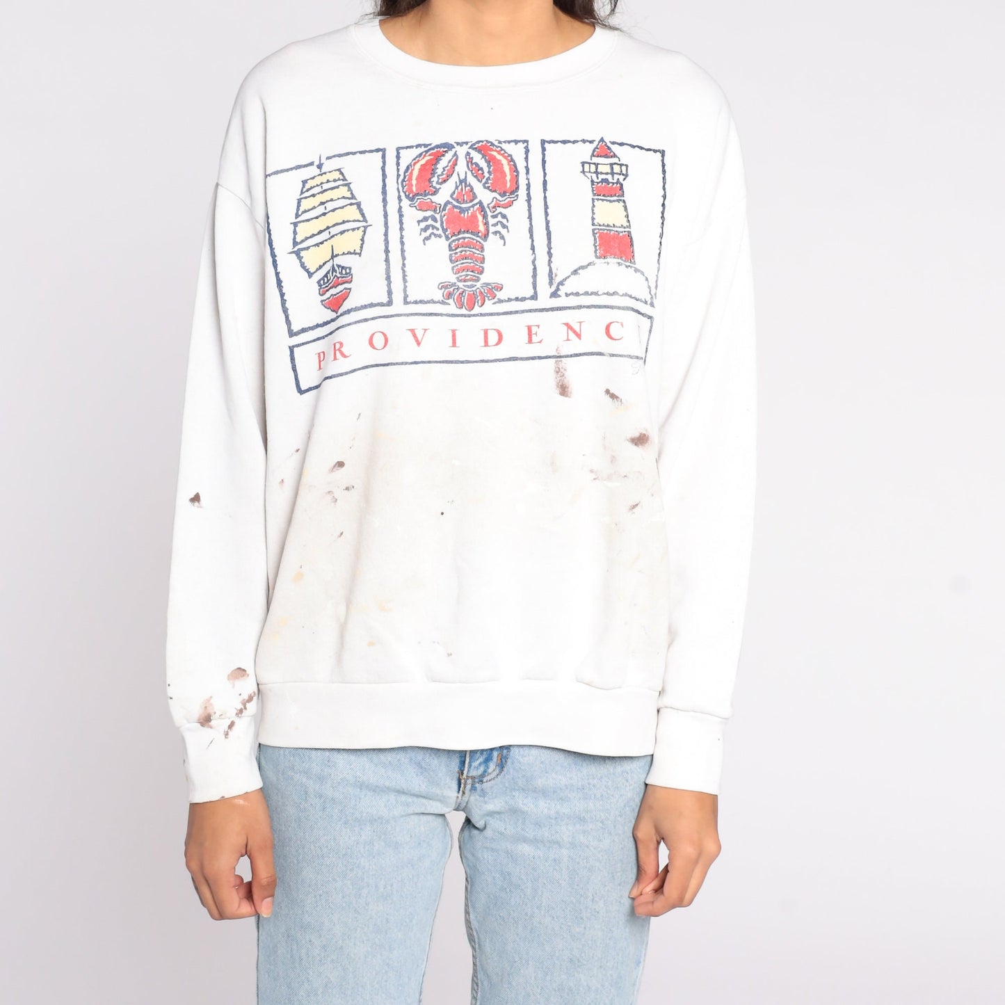90s Providence Rhode Island Lobster Sweatshirt Paint Splatter Distressed Large
