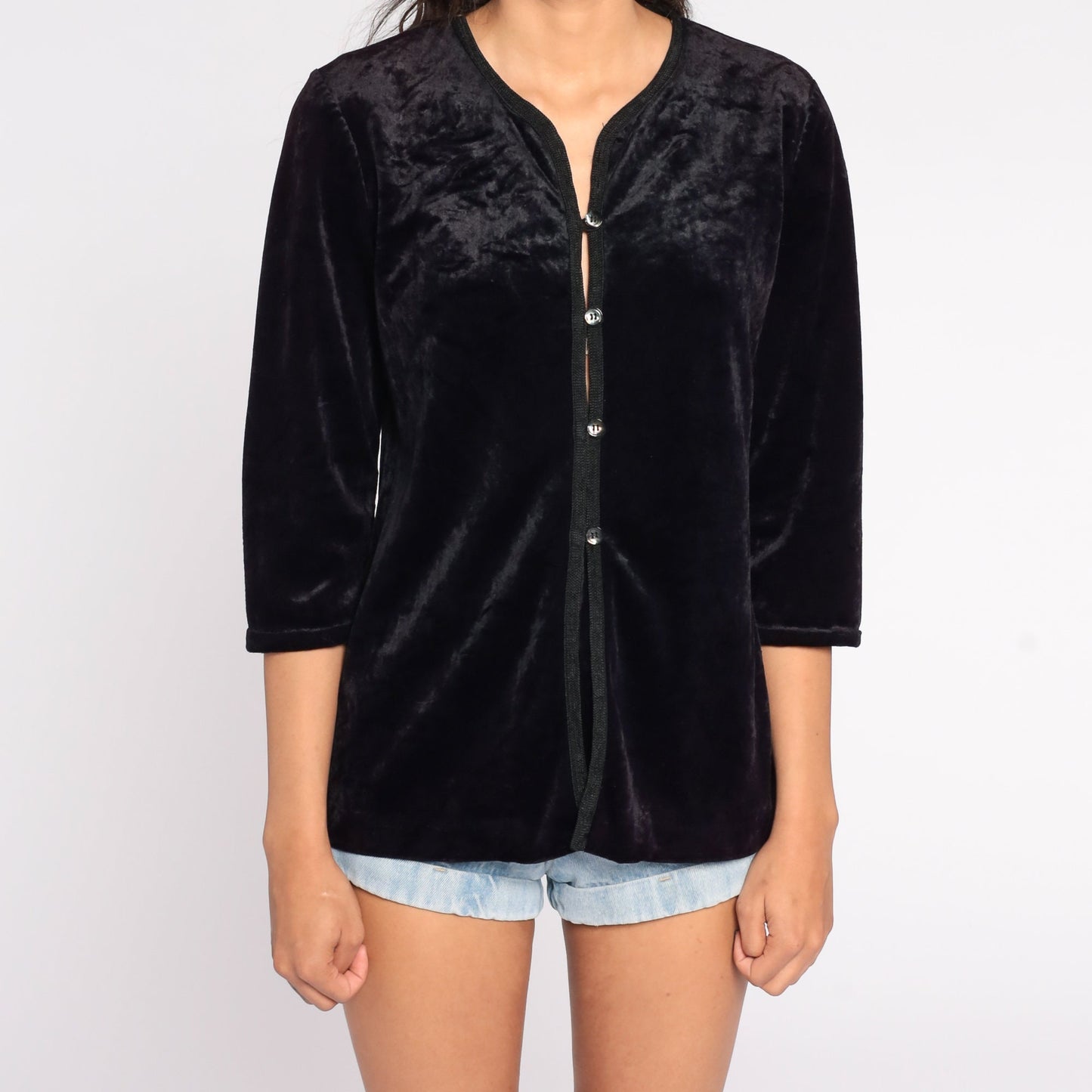 90s Black Velvet Button-Up Blouse Long Sleeve Vintage Shirt Medium