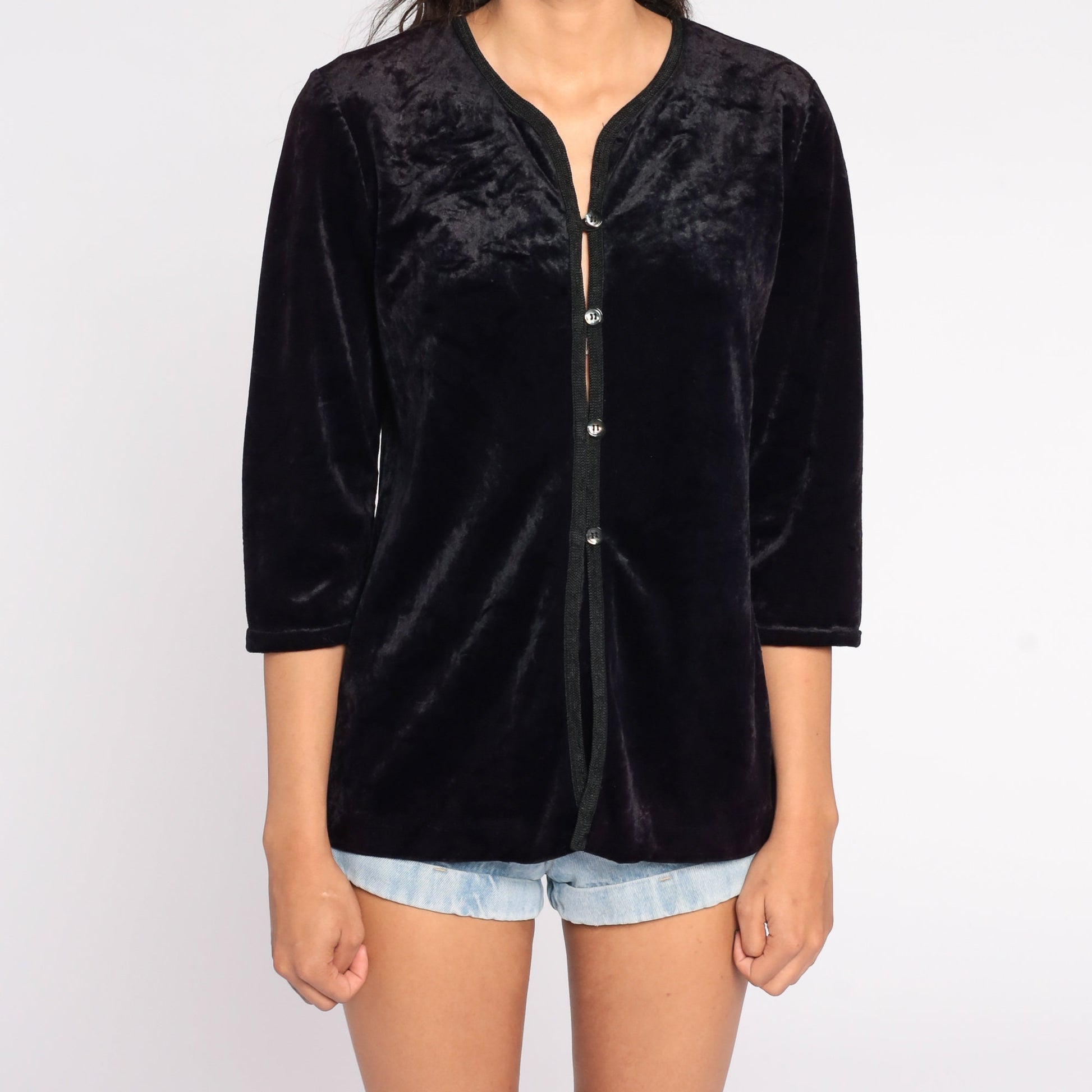 90s Black Velvet Button-Up Blouse Long Sleeve Vintage Shirt Medium