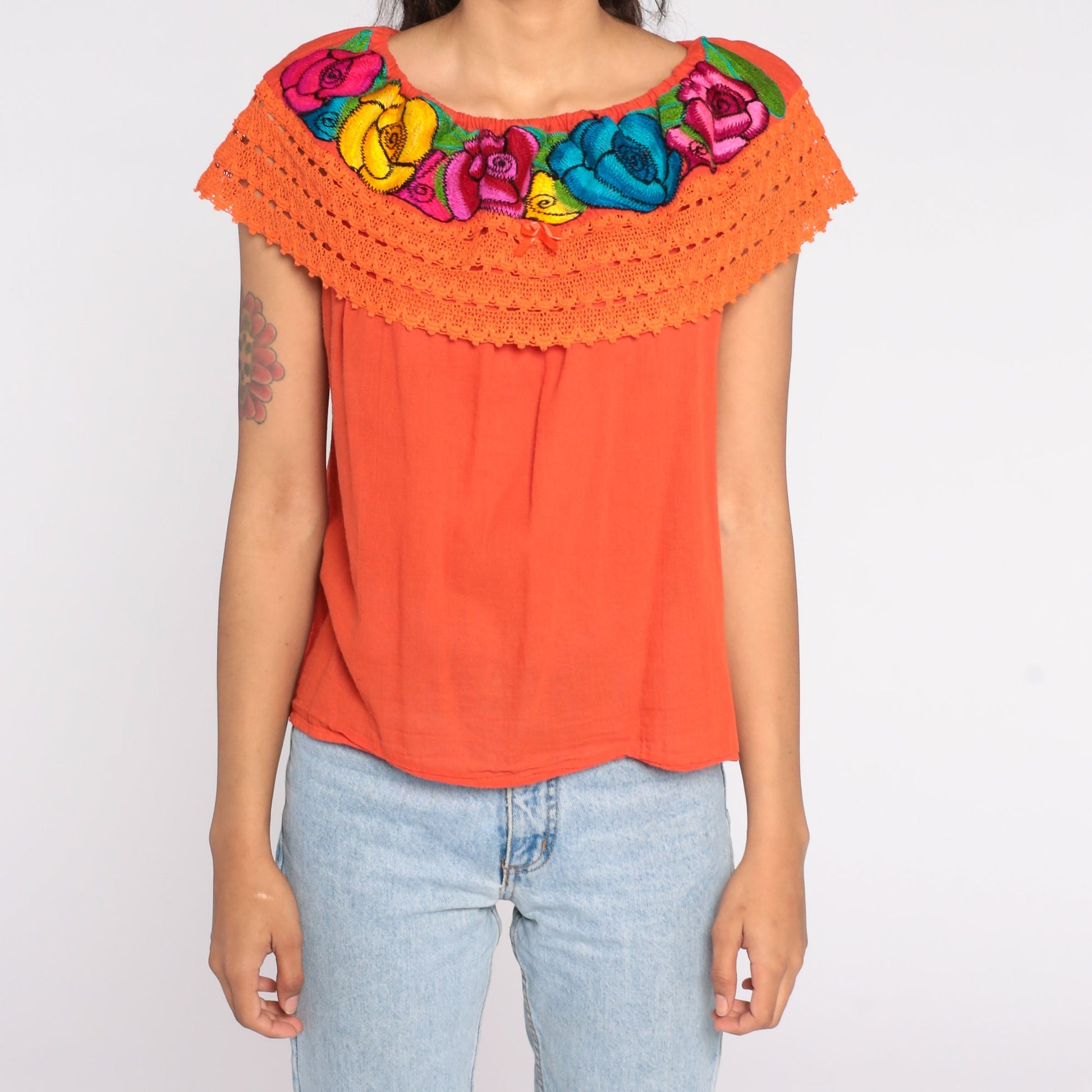 90s Mexican Embroidered Cotton Tunic Blouse Orange Floral Off-Shoulder Small