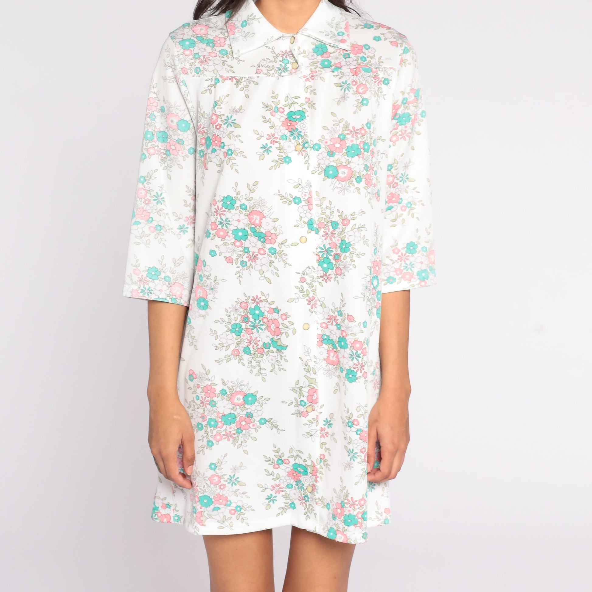 60s Floral Print Shift Dress White Button-Up Lounge Tunic Medium Large