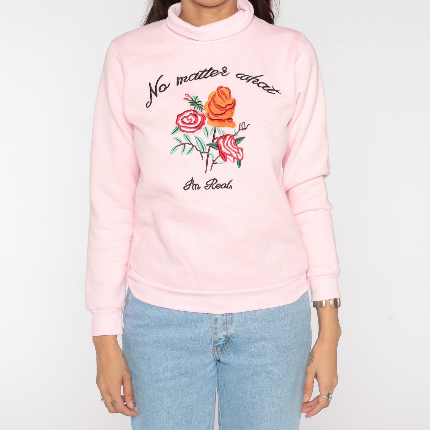 80s No Matter What I'm Real Sweatshirt Floral Embroidered Mock Neck Pink Extra Small