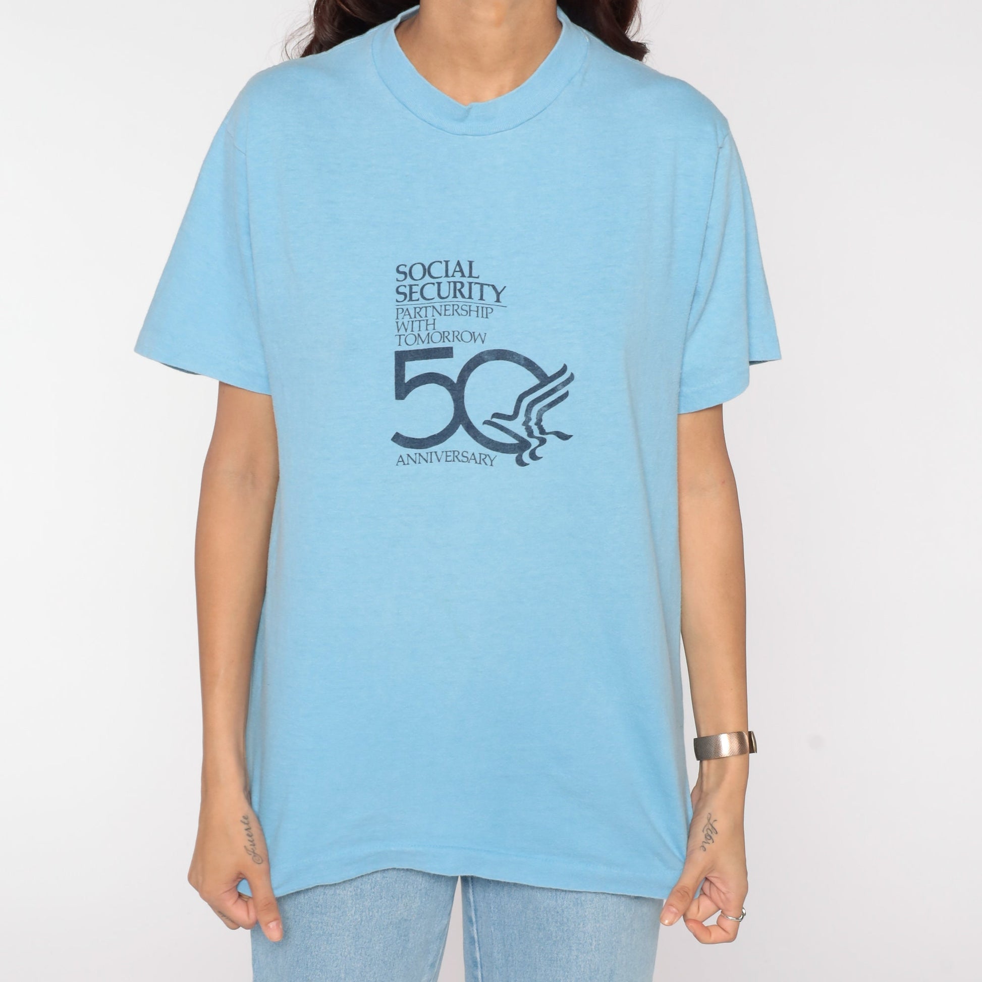 1985 Social Security Graphic T-Shirt 80s Slogan Tee Baby Blue Medium