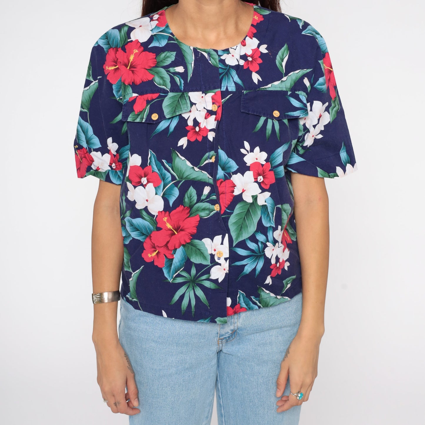 80s Tropical Floral Button-Up Blouse Short Sleeve Blue Medium Large