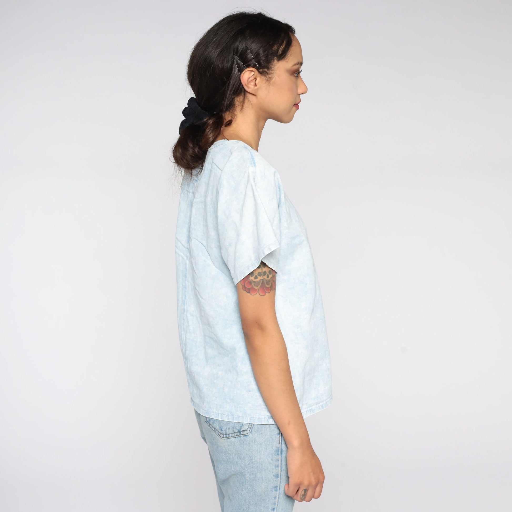 80s Blue Acid Wash Lace Cutout Blouse Cotton Top Medium
