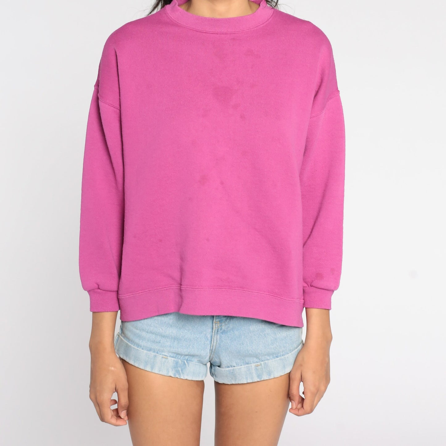 80s Fuchsia Sweatshirt Plain Crewneck Pullover Cotton Blend Large L