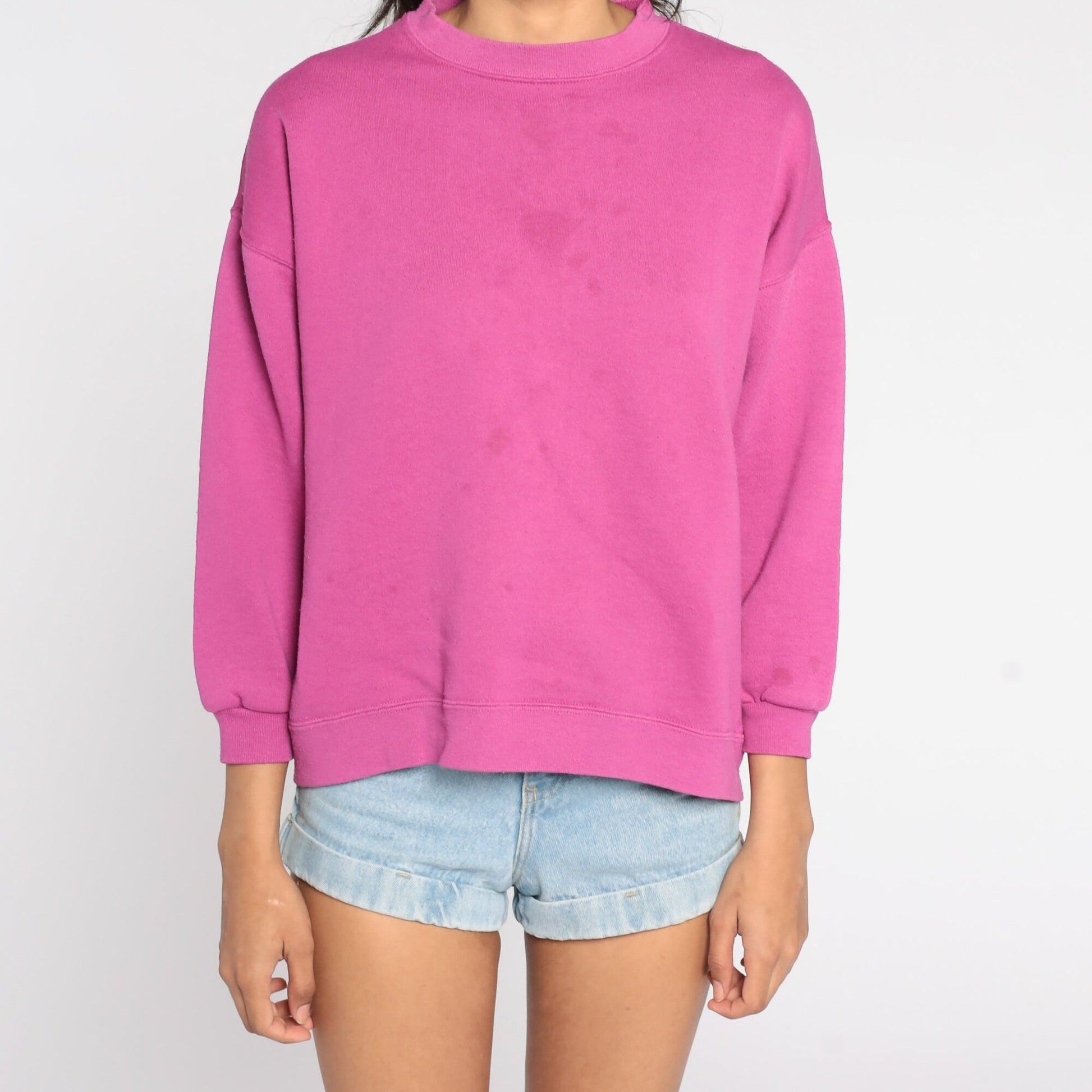 80s Fuchsia Sweatshirt Plain Crewneck Pullover Cotton Blend Large L