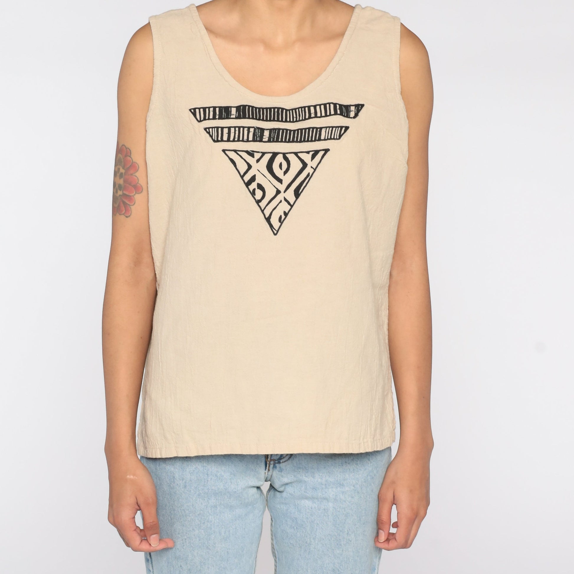 90s Geometric Tank Top Tan Striped Diamond Print Sleeveless Medium
