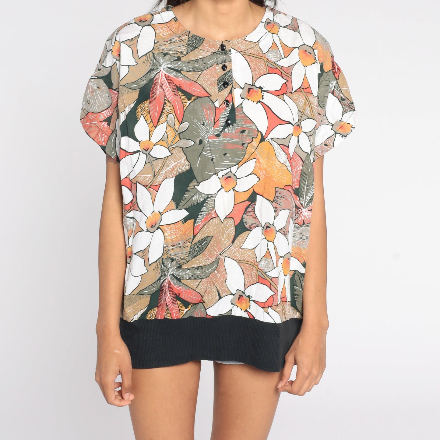 80s Tropical Floral Button-Up Blouse Short Sleeve Shirt Extra Large XL