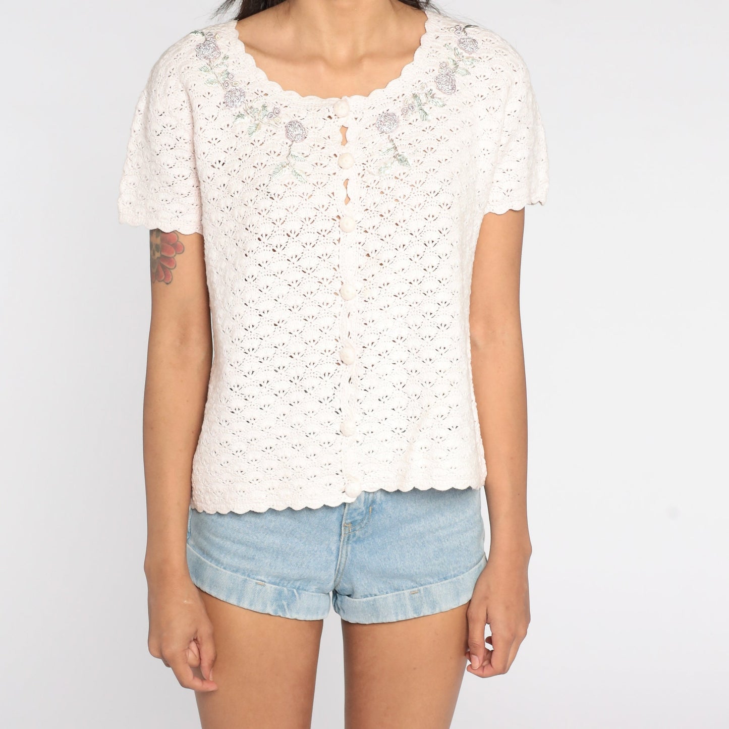 90s White Crochet Blouse Floral Embroidery Button-Up Short Sleeve Medium Large