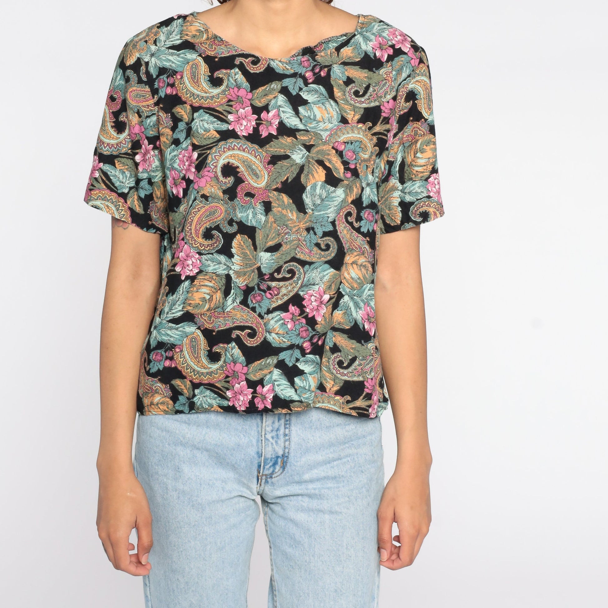 90s Paisley Floral Blouse Black Polyester Short Sleeve Medium