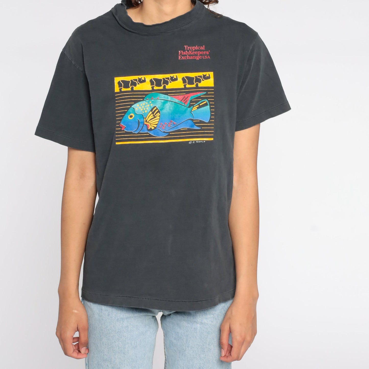 90s Tropical Fishkeepers Exchange Graphic T-Shirt Faded Black Cotton Small
