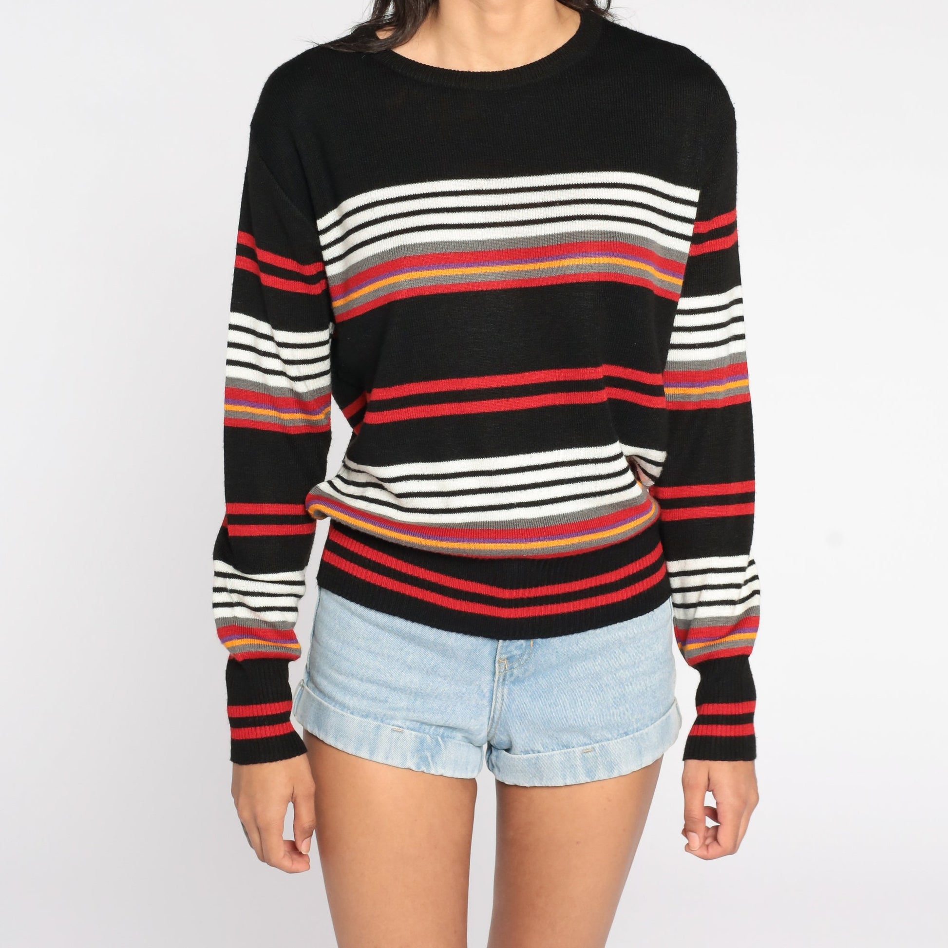 80s Black Striped Knit Sweater Crewneck Pullover Large
