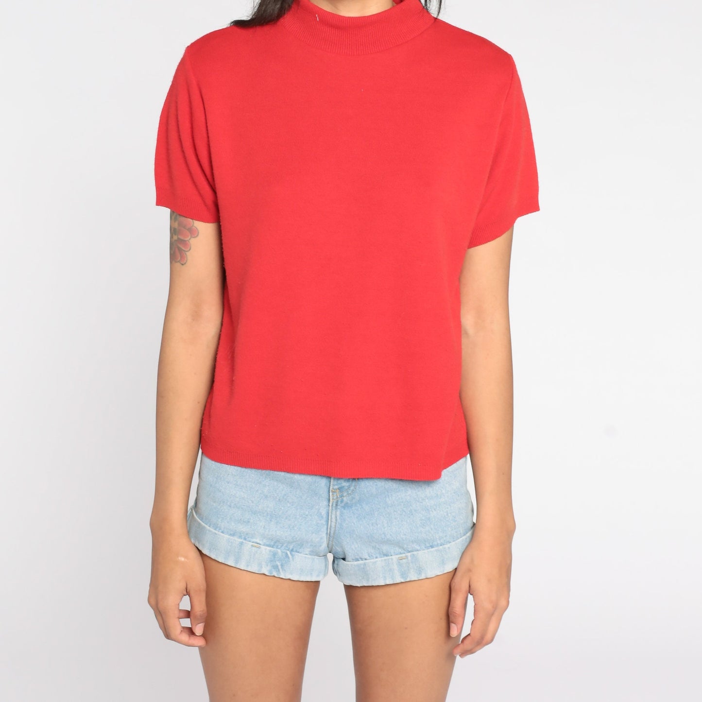 80s Red Mock Neck Knit Top Short Sleeve Vintage Sweater Medium