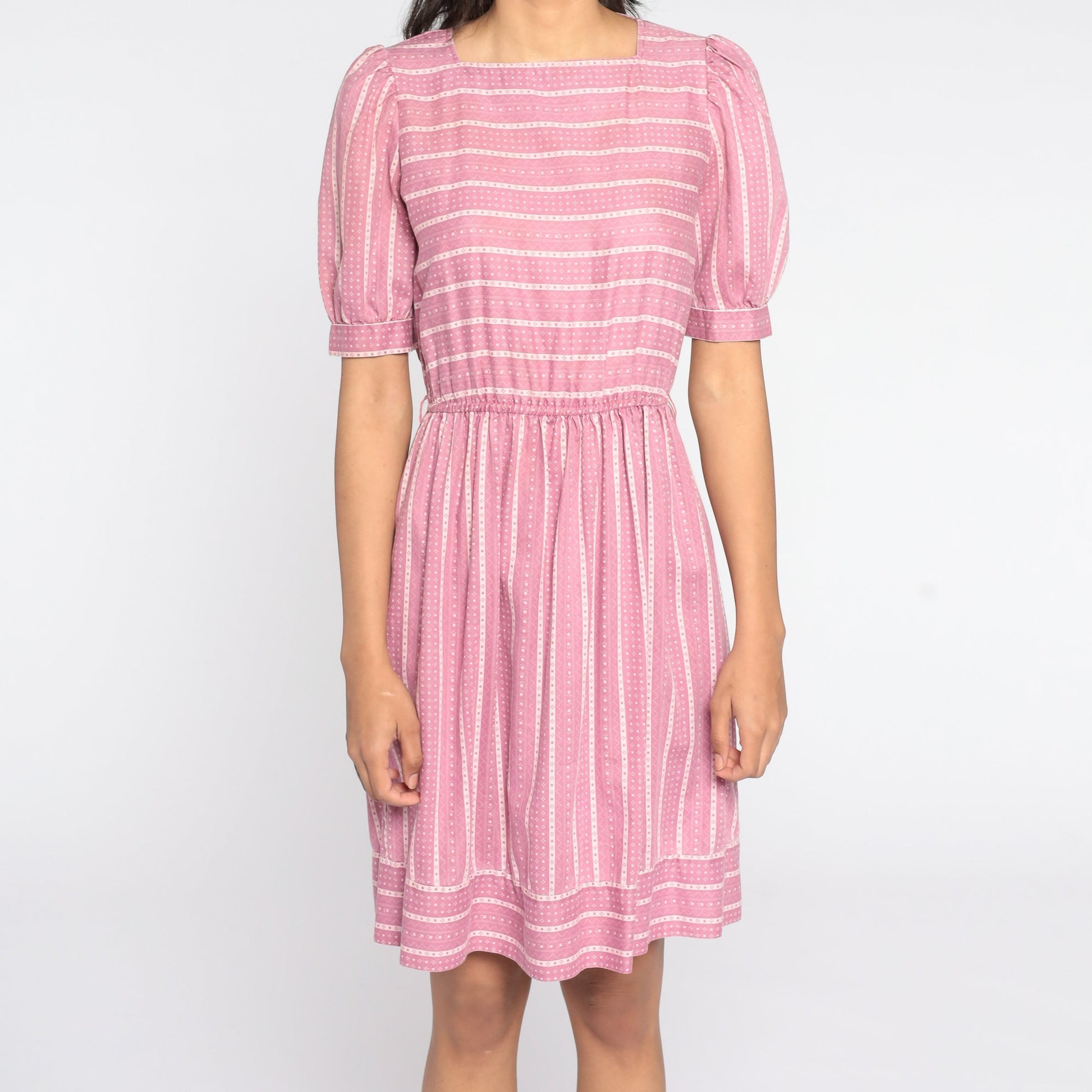 80s Pink Striped Puff Sleeve Dress High Waist Knee Length Extra Small