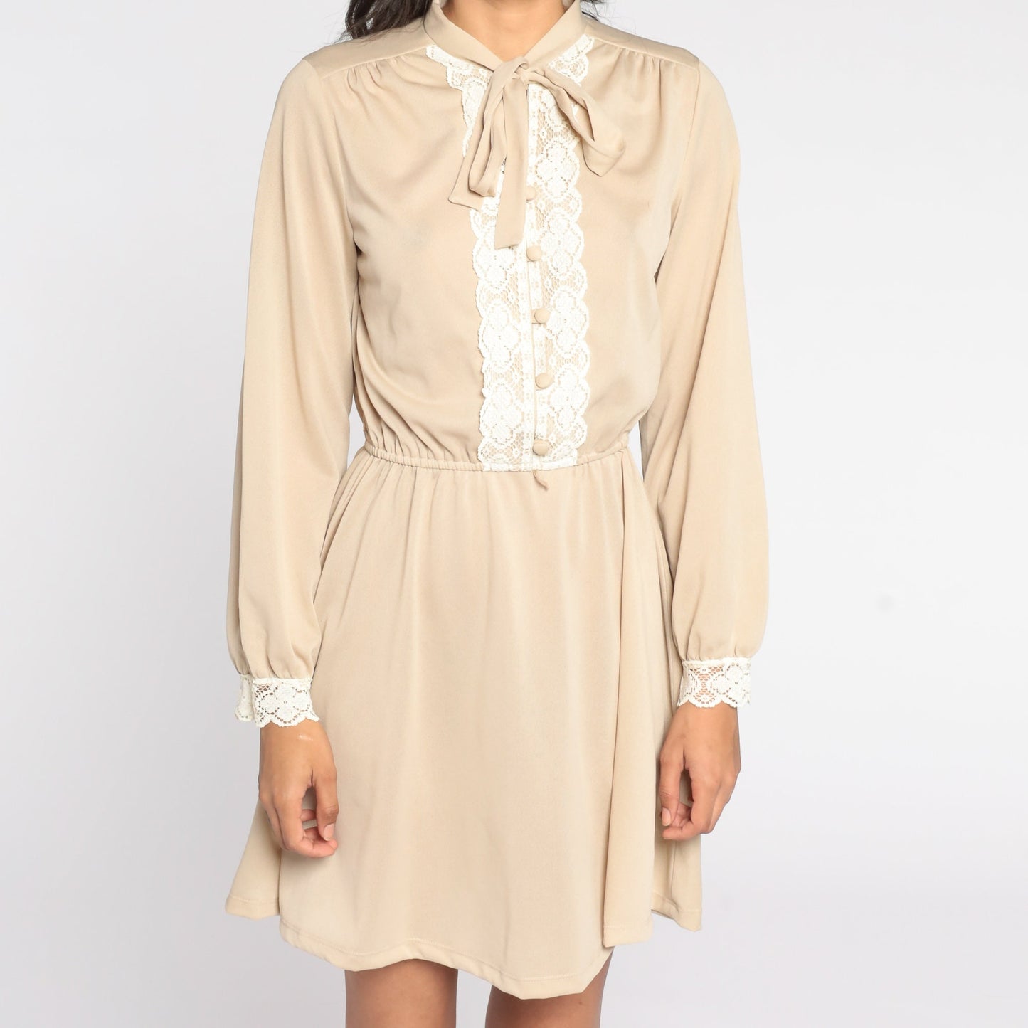 70s Toni Todd Secretary Dress Beige Lace Bow Button-Up Mini Medium