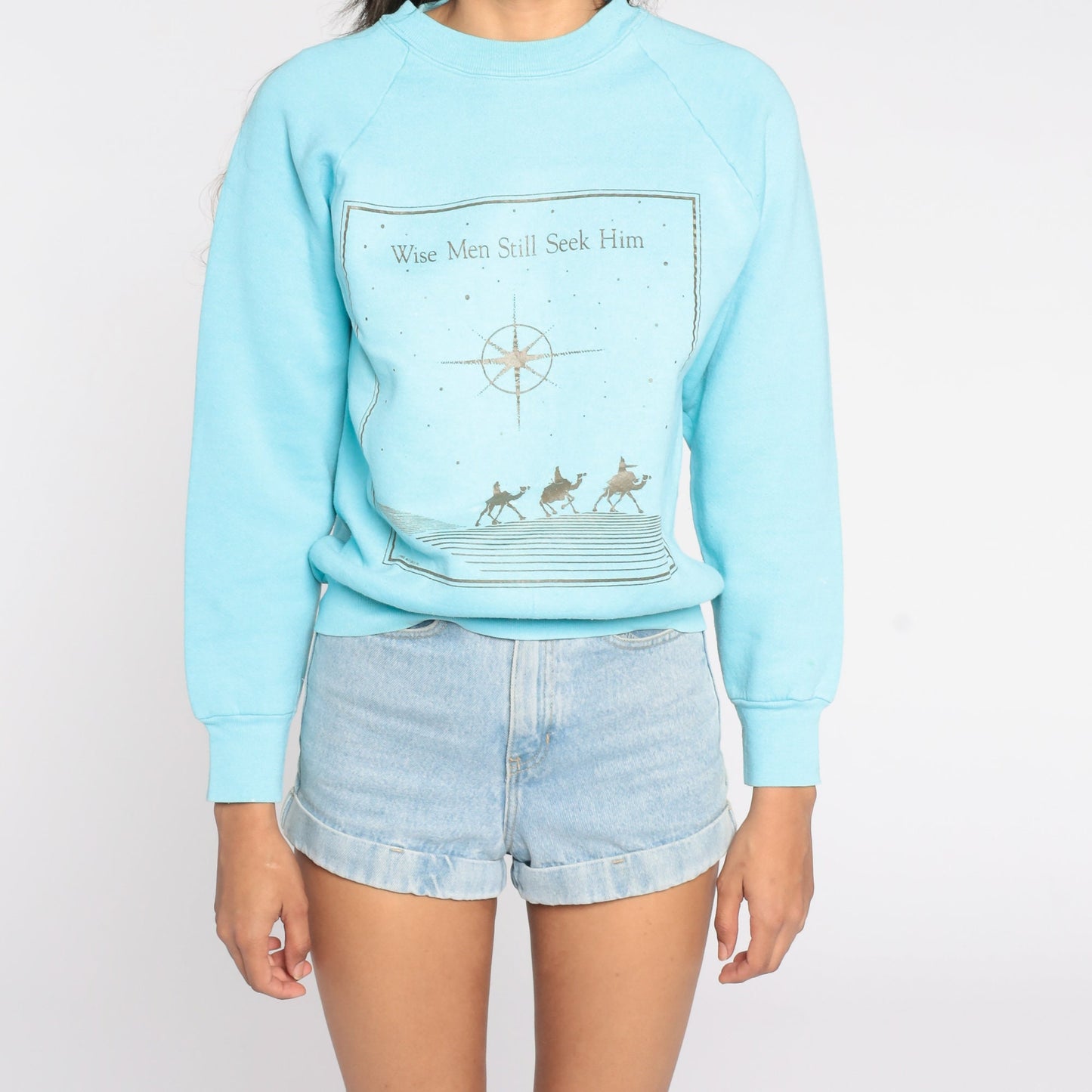 80s Three Wise Men Christian Sweatshirt Baby Blue Raglan Graphic Small
