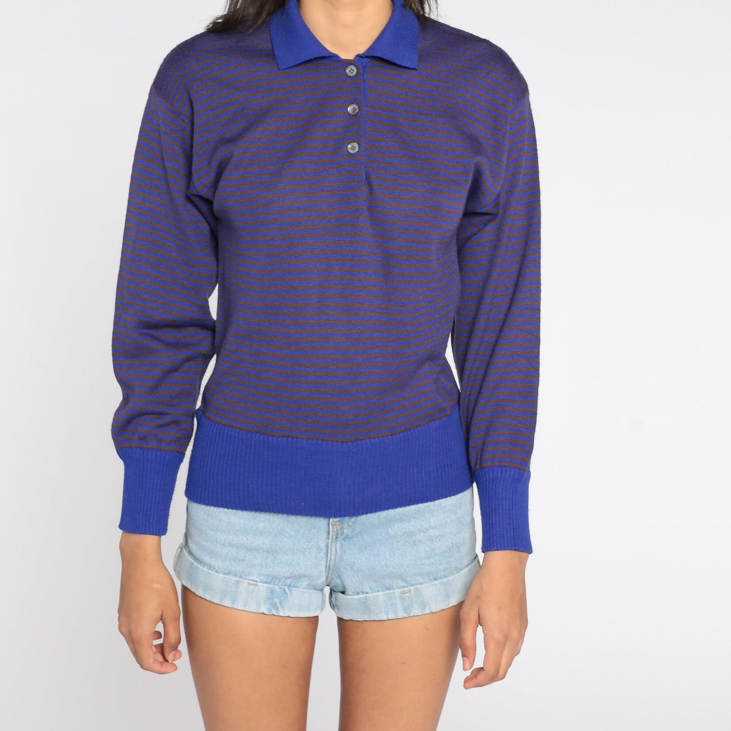 80s Purple Striped Knit Pullover Sweater Collar Buttons Small