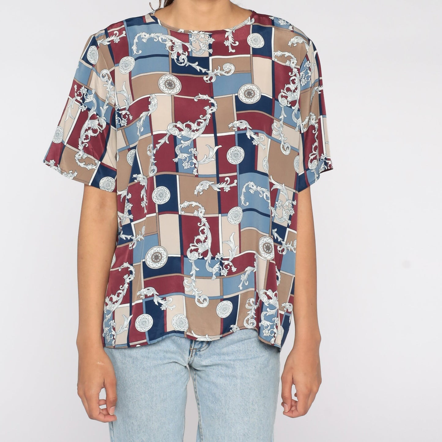 90s Geometric Color Block Blouse Burgundy Blue Polyester Short Sleeve Extra Large
