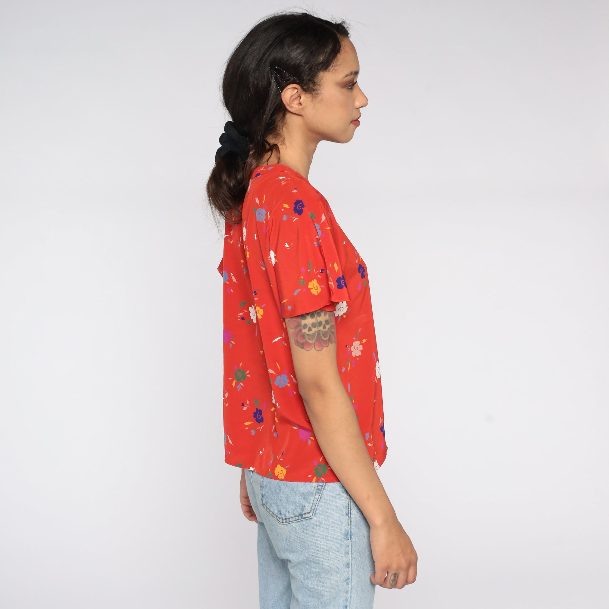 80s Red Floral Flutter Sleeve Blouse Short Sleeve Shirt Small