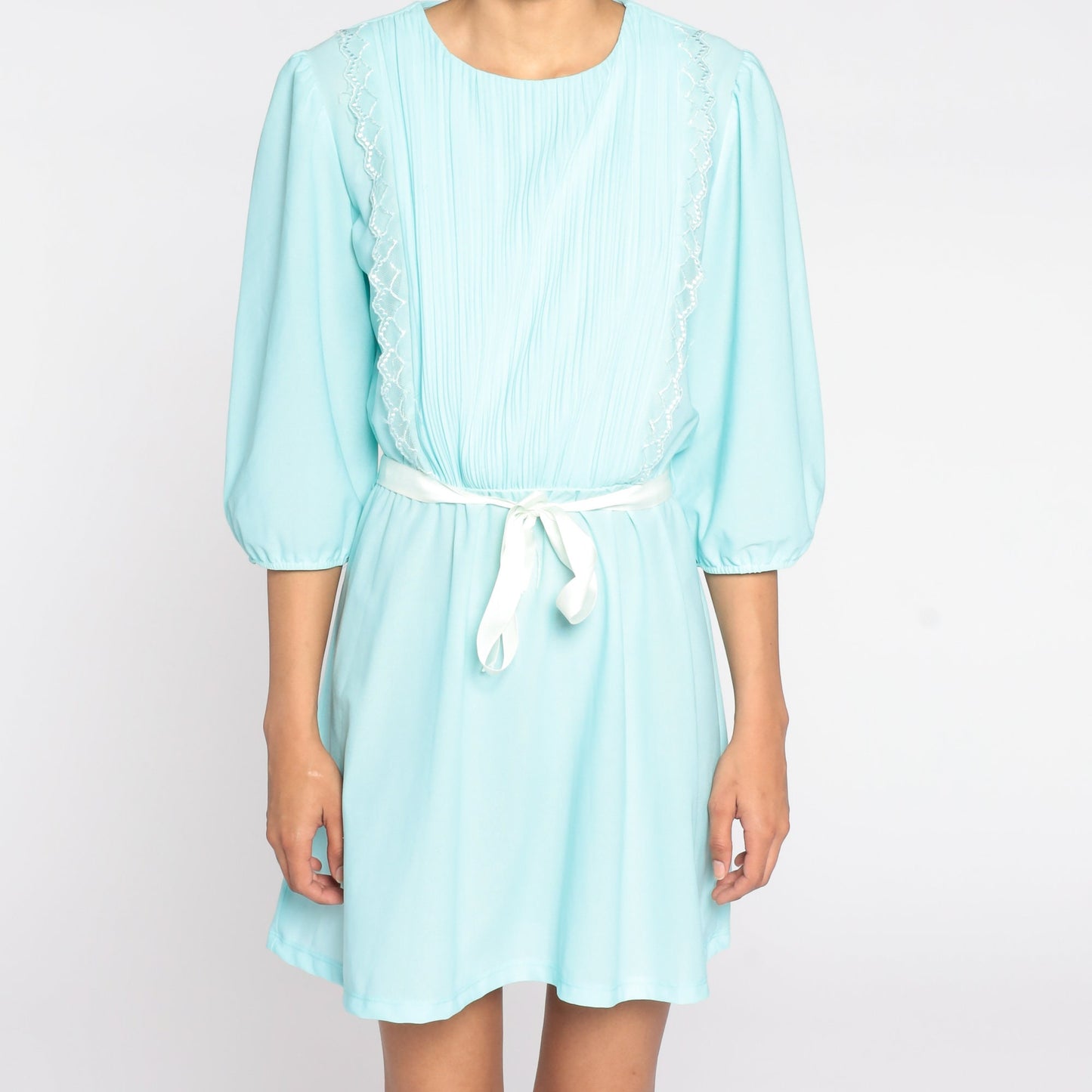 80s Blue Puff Sleeve Mini Dress Pleated High Waist Medium