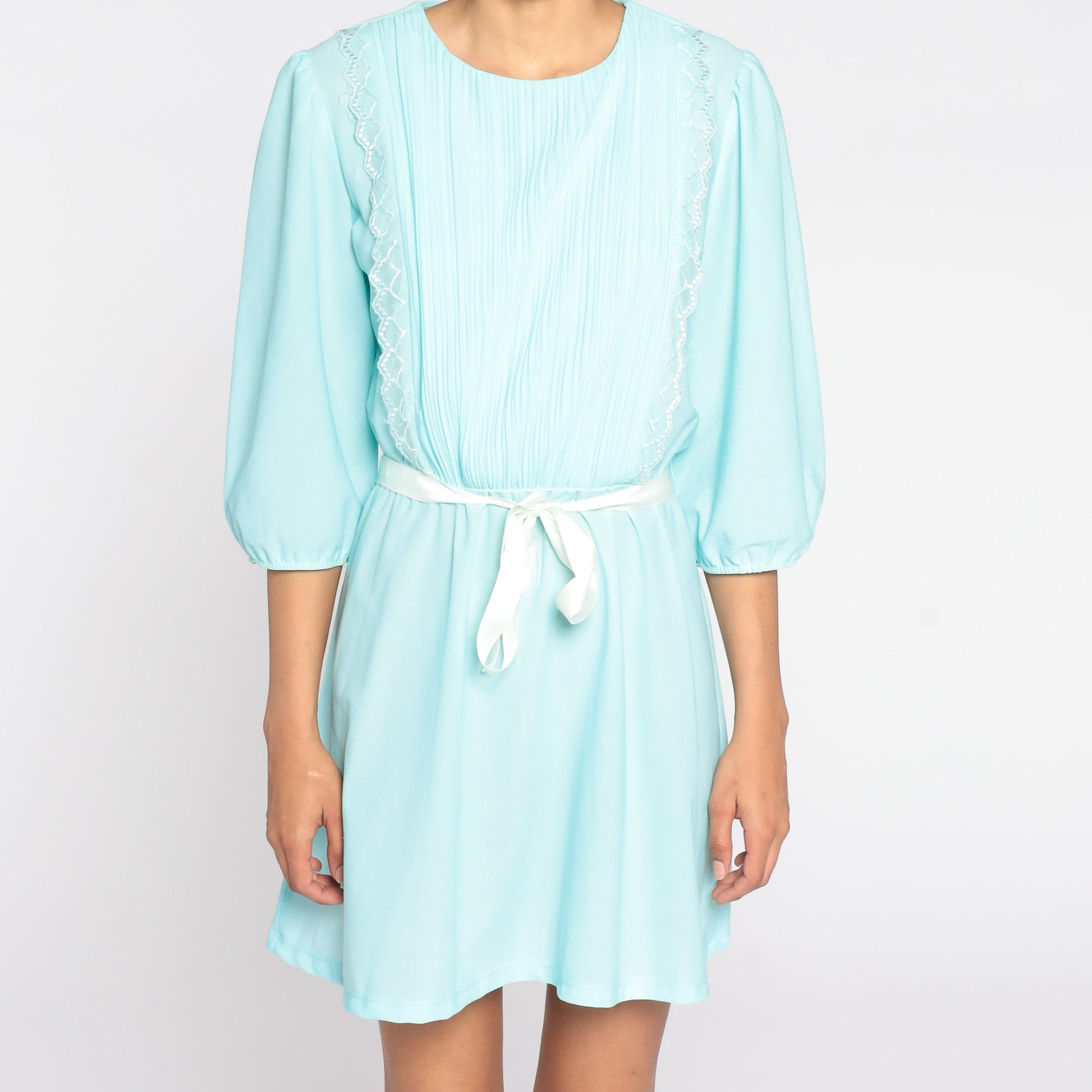 80s Blue Puff Sleeve Mini Dress Pleated High Waist Medium
