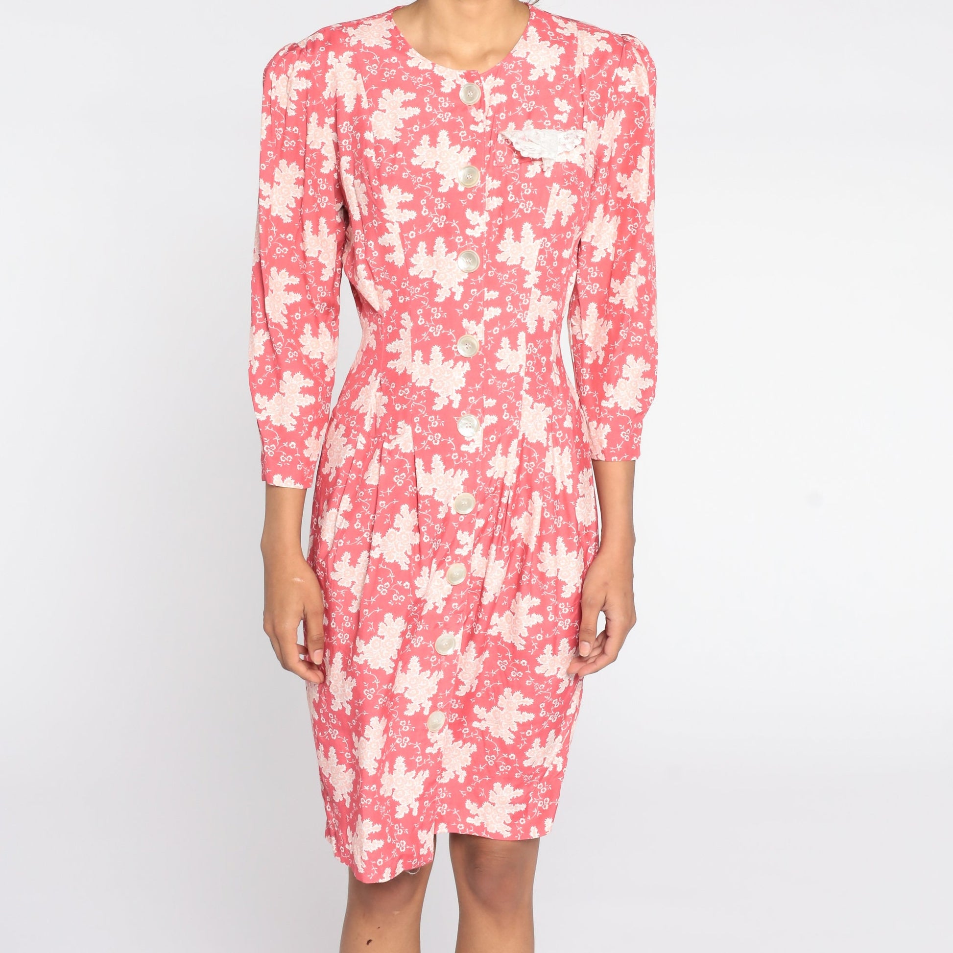 80s Jonathan Martin Floral Mini Dress Puff Sleeve Pink Sheath Small