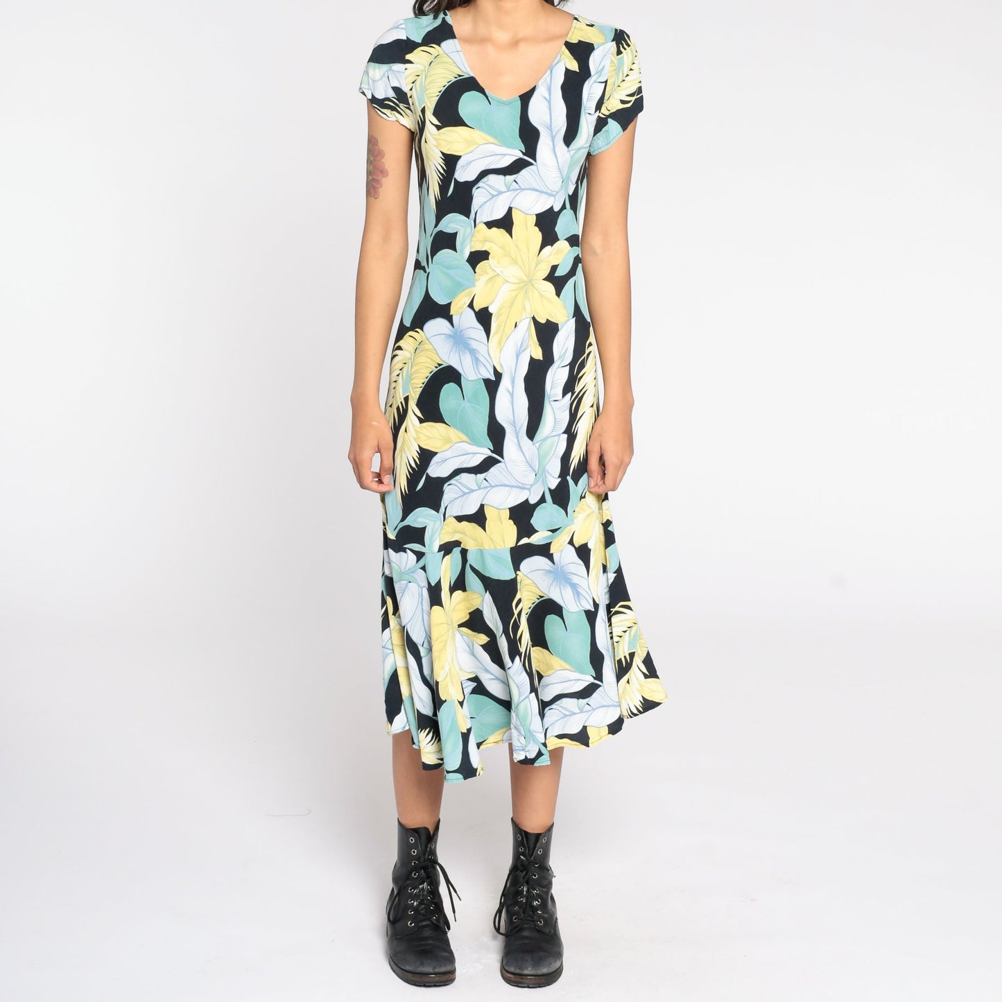 90s Tropical Leaf Print Shift Dress Black Blue Green Midi Small S