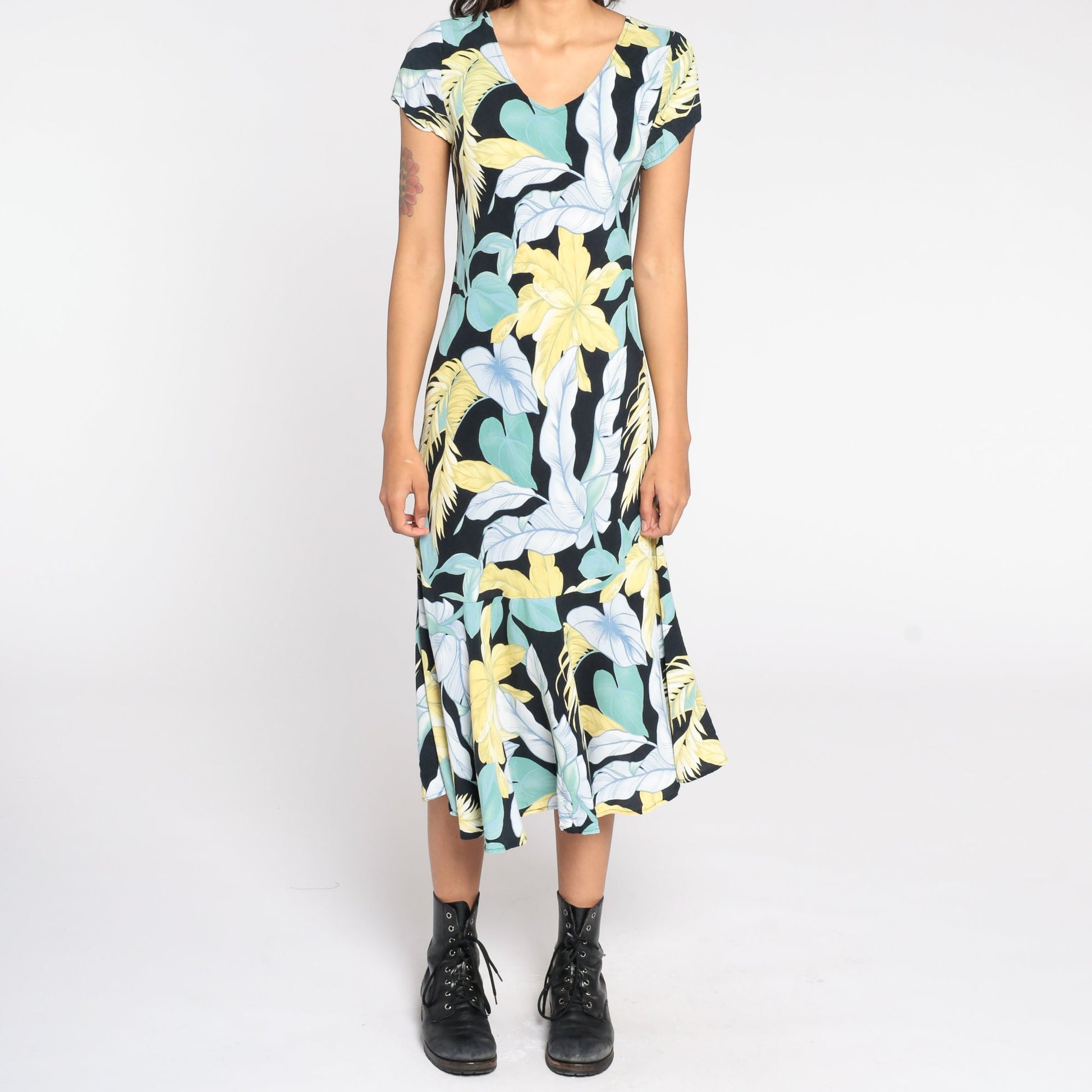 90s Tropical Leaf Print Shift Dress Black Blue Green Midi Small S