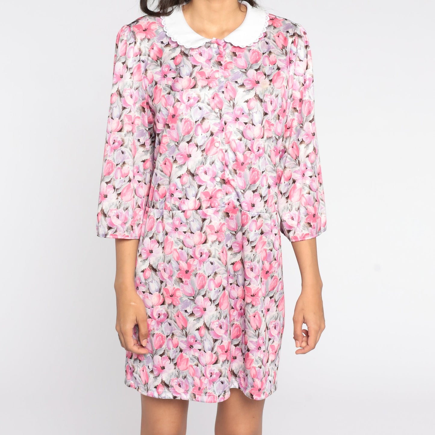 80s Pink Floral Mini Dress Peter Pan Collar Puff Sleeve Button Front Medium Large