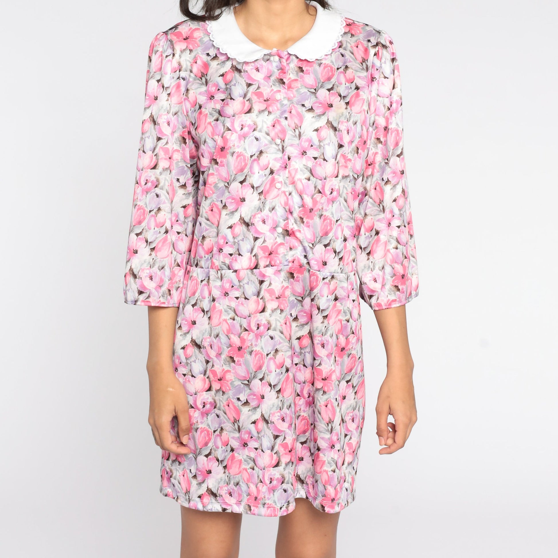 80s Pink Floral Mini Dress Peter Pan Collar Puff Sleeve Button Front Medium Large