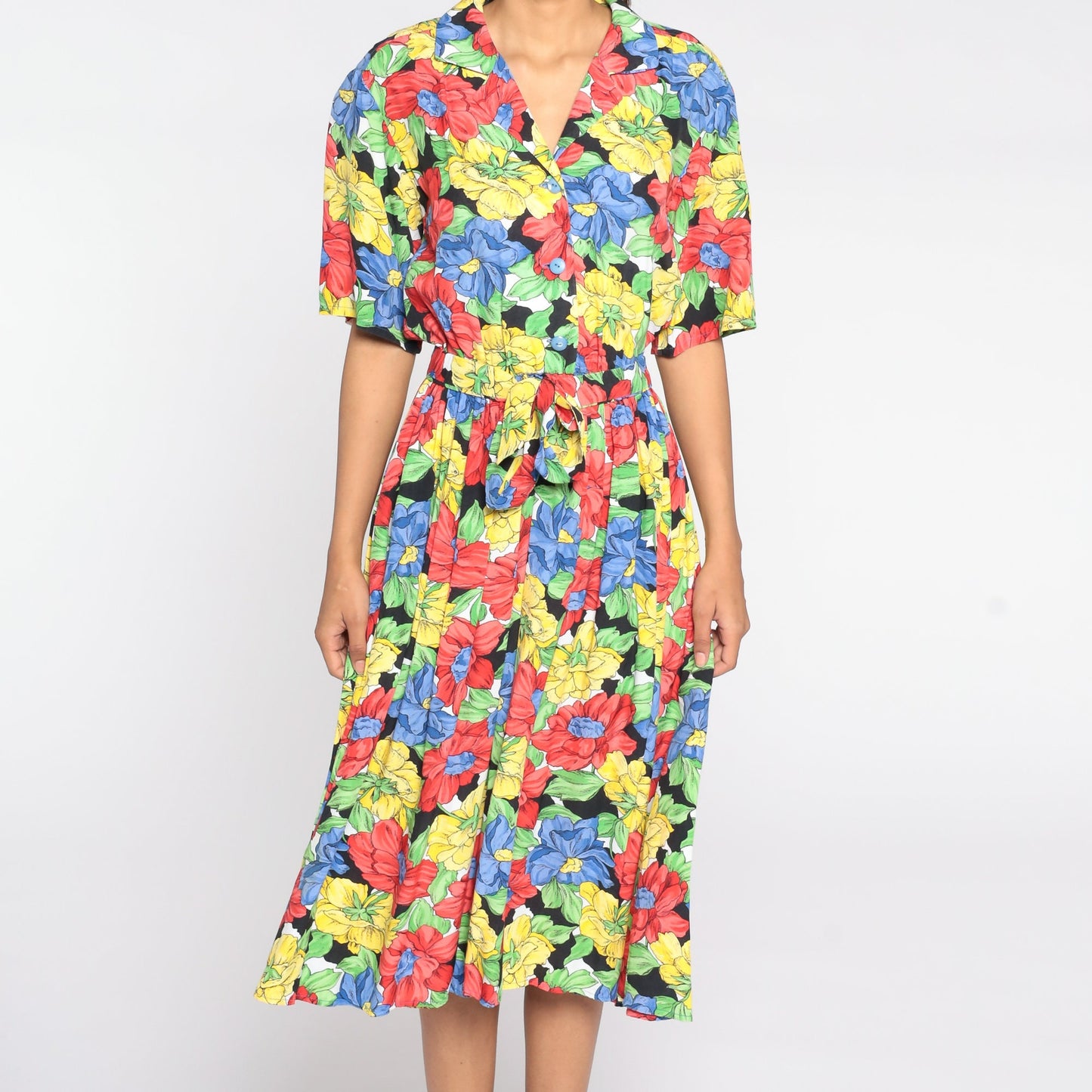 80s Floral Midi Dress High Waist Button Front Short Sleeve Red Yellow Blue Medium Large