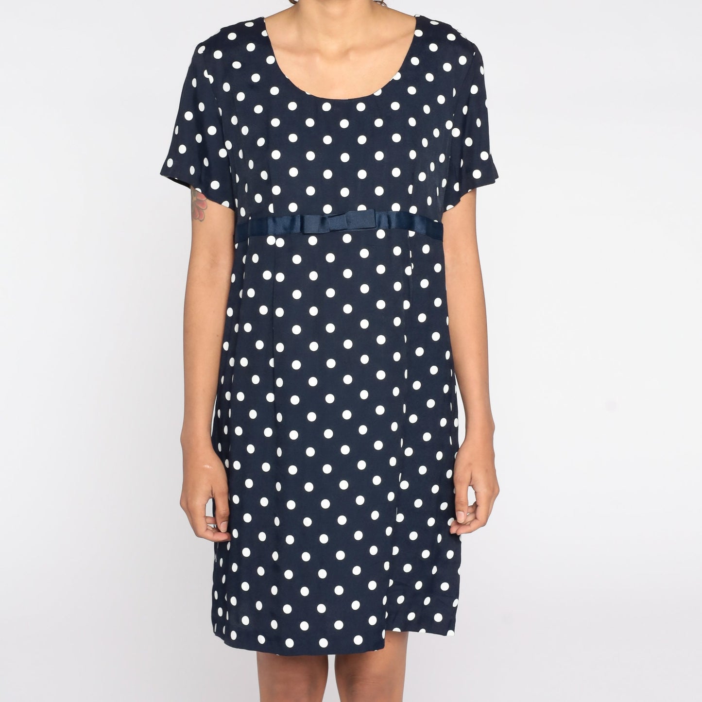 90s Navy Polka Dot Maternity Shift Dress White Mini Short Sleeve Medium