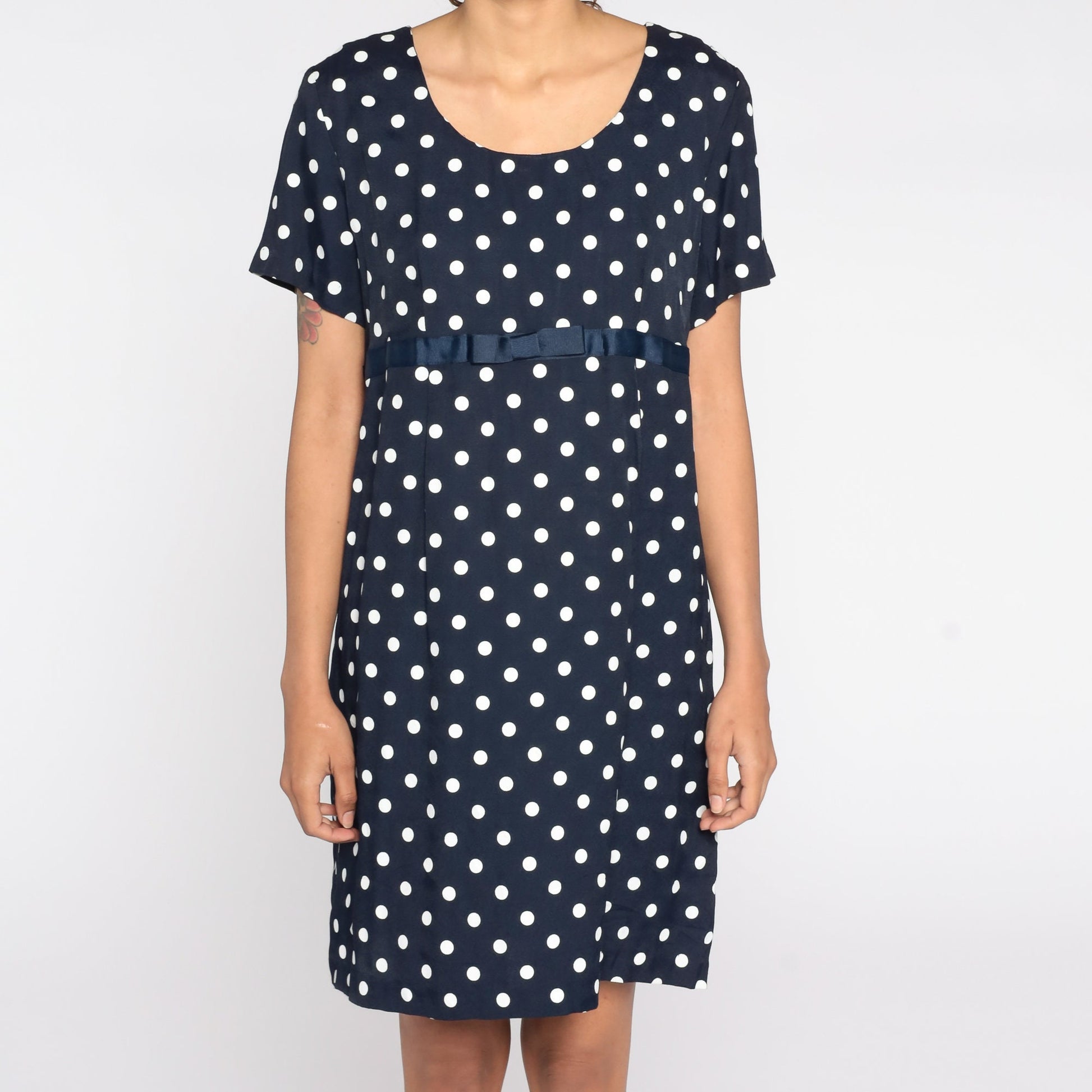 90s Navy Polka Dot Maternity Shift Dress White Mini Short Sleeve Medium