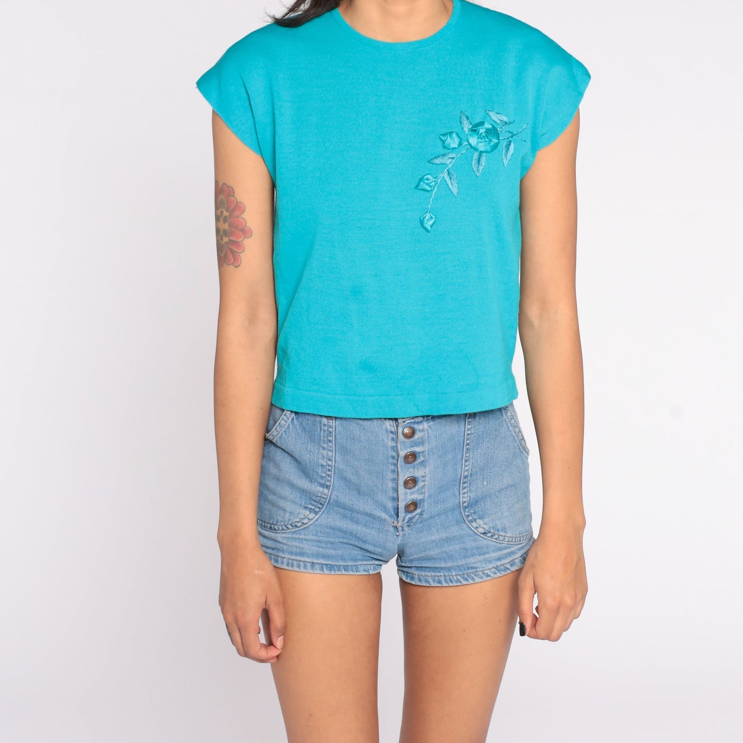 1960s Turquoise Knit Sweater Top Floral Appliqué Cap Sleeve Small