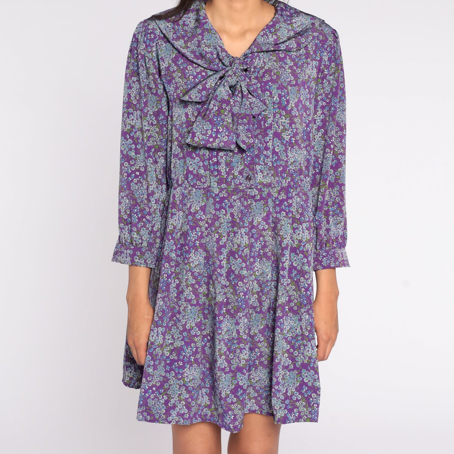 80s Purple Floral Button-Up Mini Dress Ascot Bow Shirtdress High Waist Large