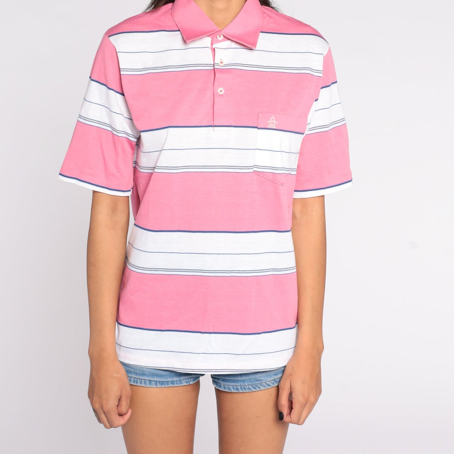 80s Munsingwear Polo Shirt Pink Striped Half-Button Cotton Medium