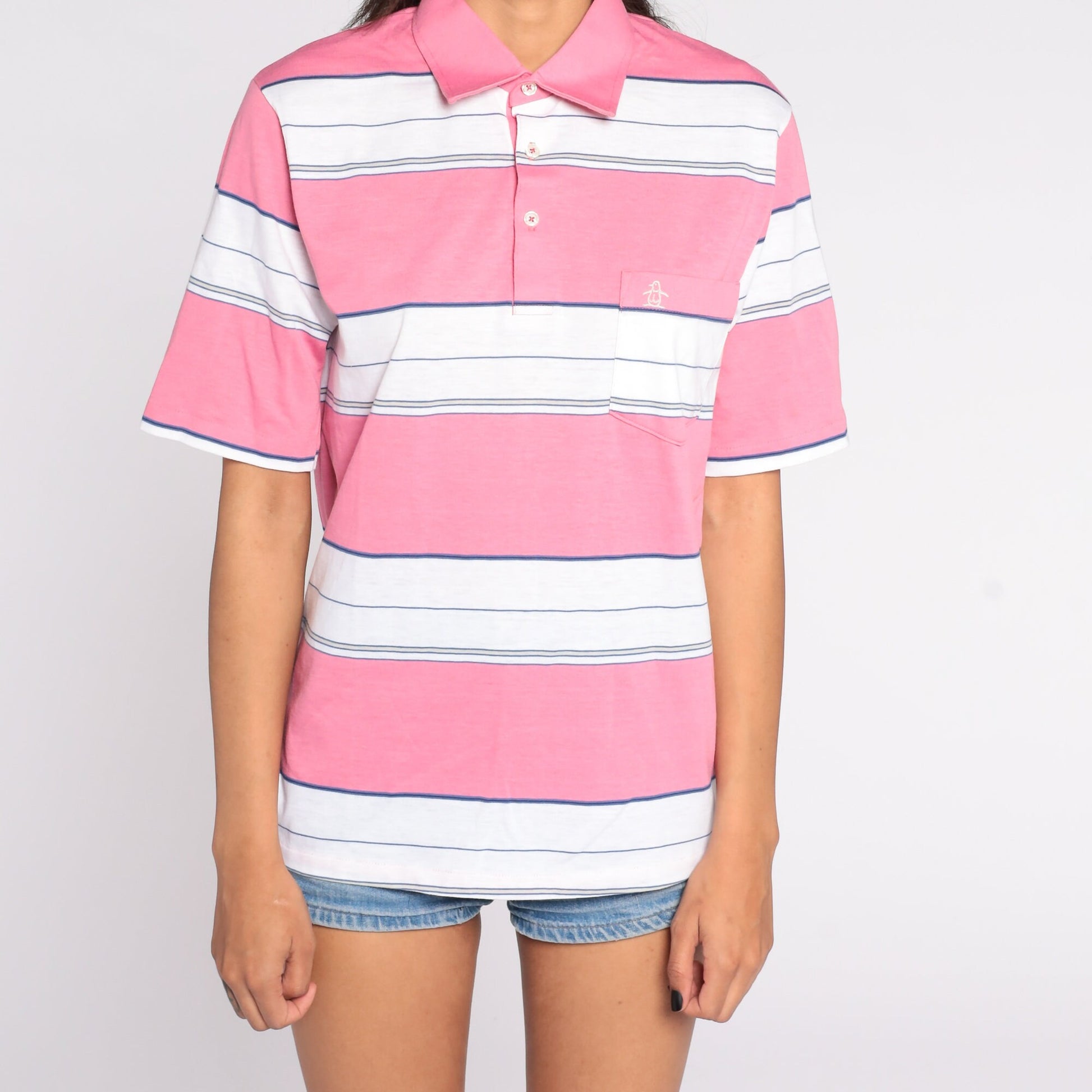 80s Munsingwear Polo Shirt Pink Striped Half-Button Cotton Medium