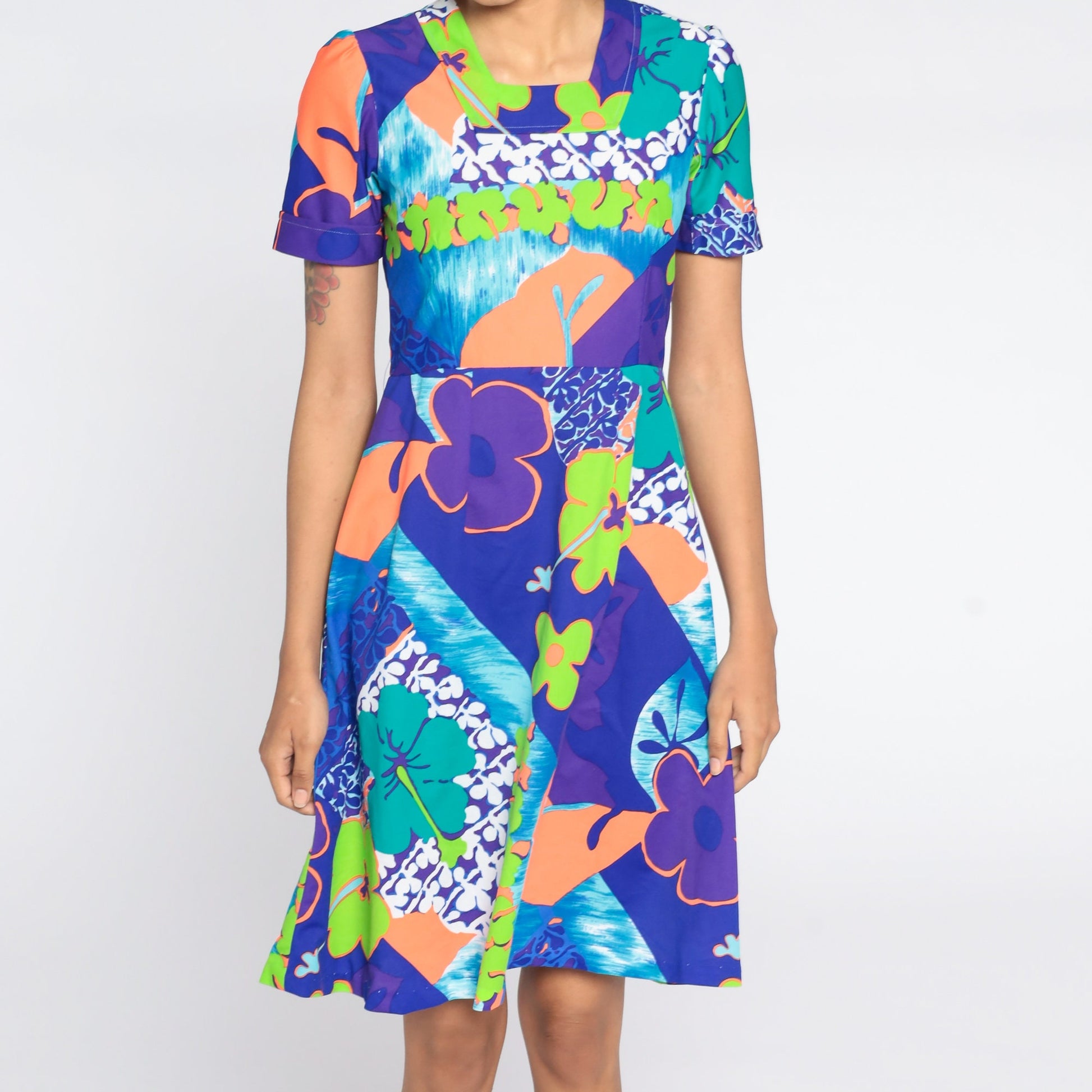 70s Floral Puff Sleeve Mini Dress Purple High Waist Knee Length Small