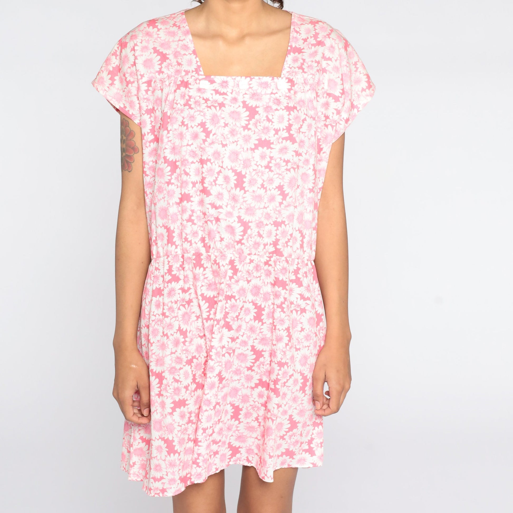 80s Pink Floral Mini Dress High Waist Square Neckline Cap Sleeve Extra Large