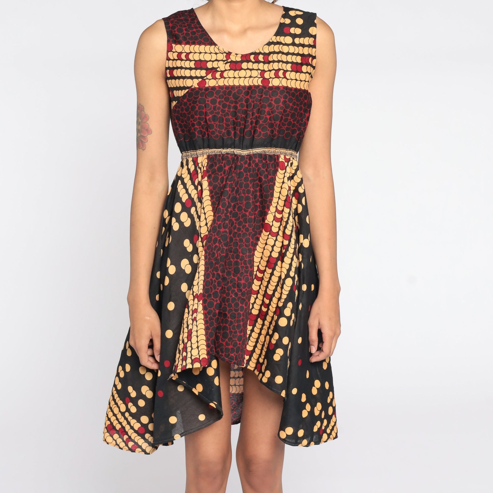00s Geometric Print Mini Dress Empire Waist Sleeveless Black Tan Red Extra Small