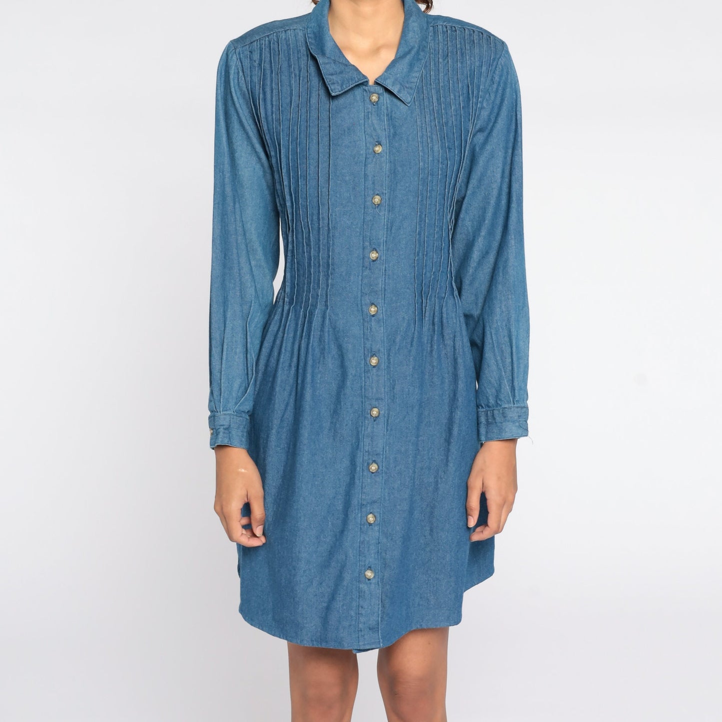 90s Blue Denim Mini Dress High Waisted Button Up Long Sleeve Extra Large XXL