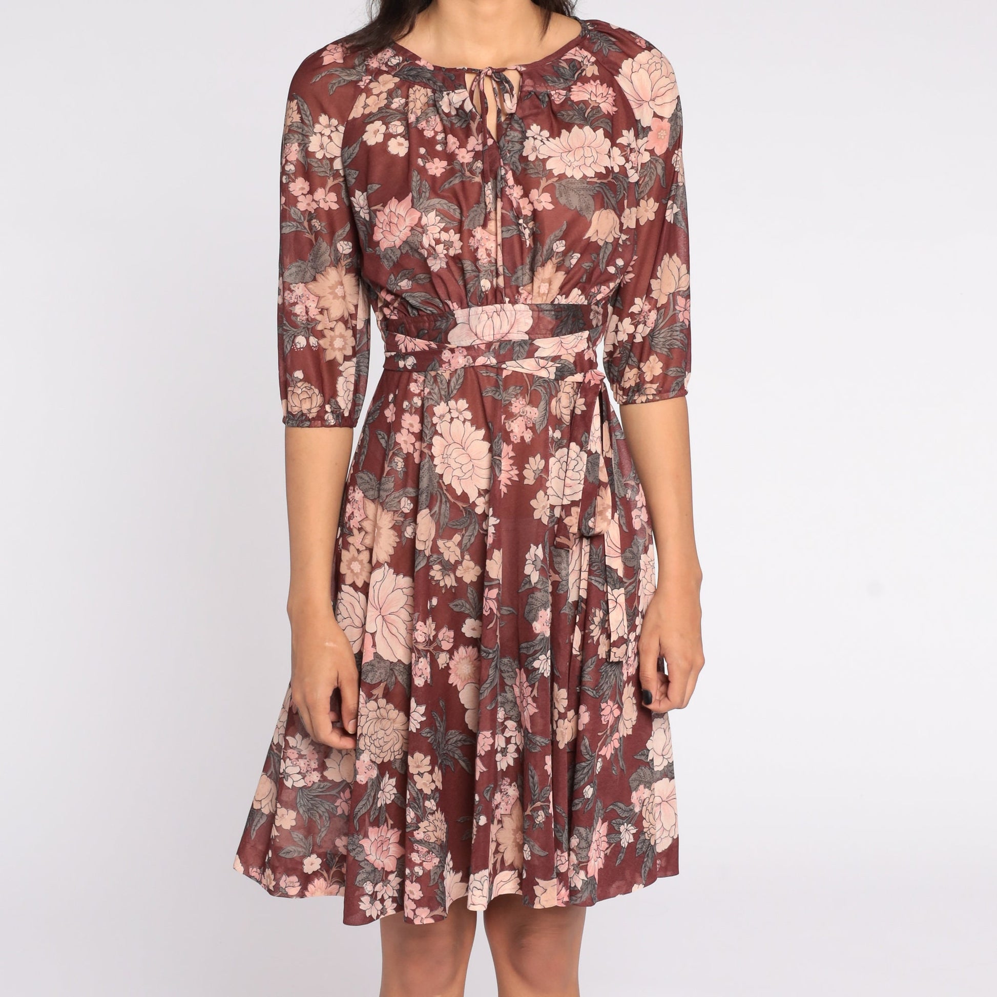 70s Floral Midi Dress Brown Pink High Waist 3/4 Sleeve Keyhole Extra Small