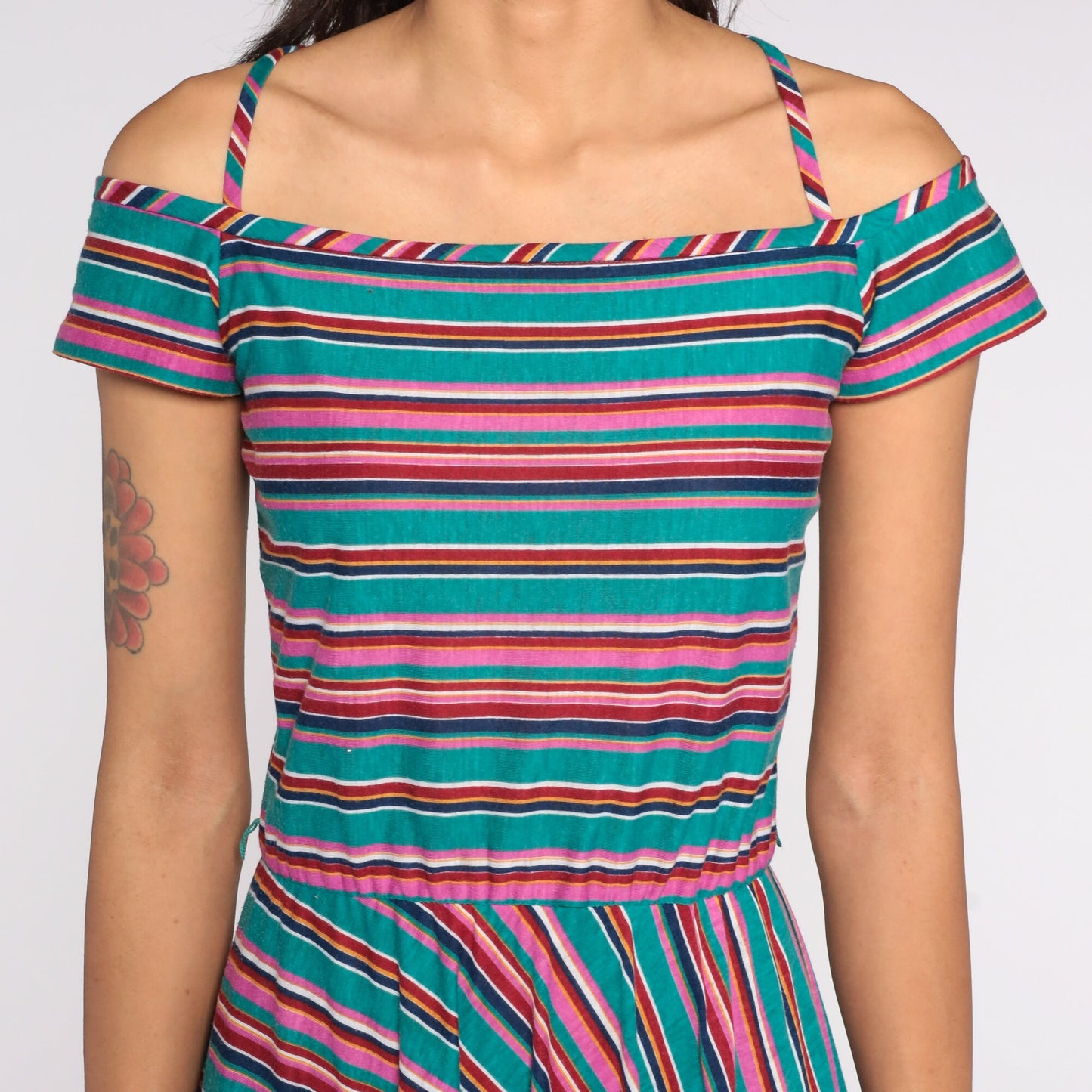 70s Teal Striped Midi Dress Off-Shoulder Criss-Cross Straps Extra Small
