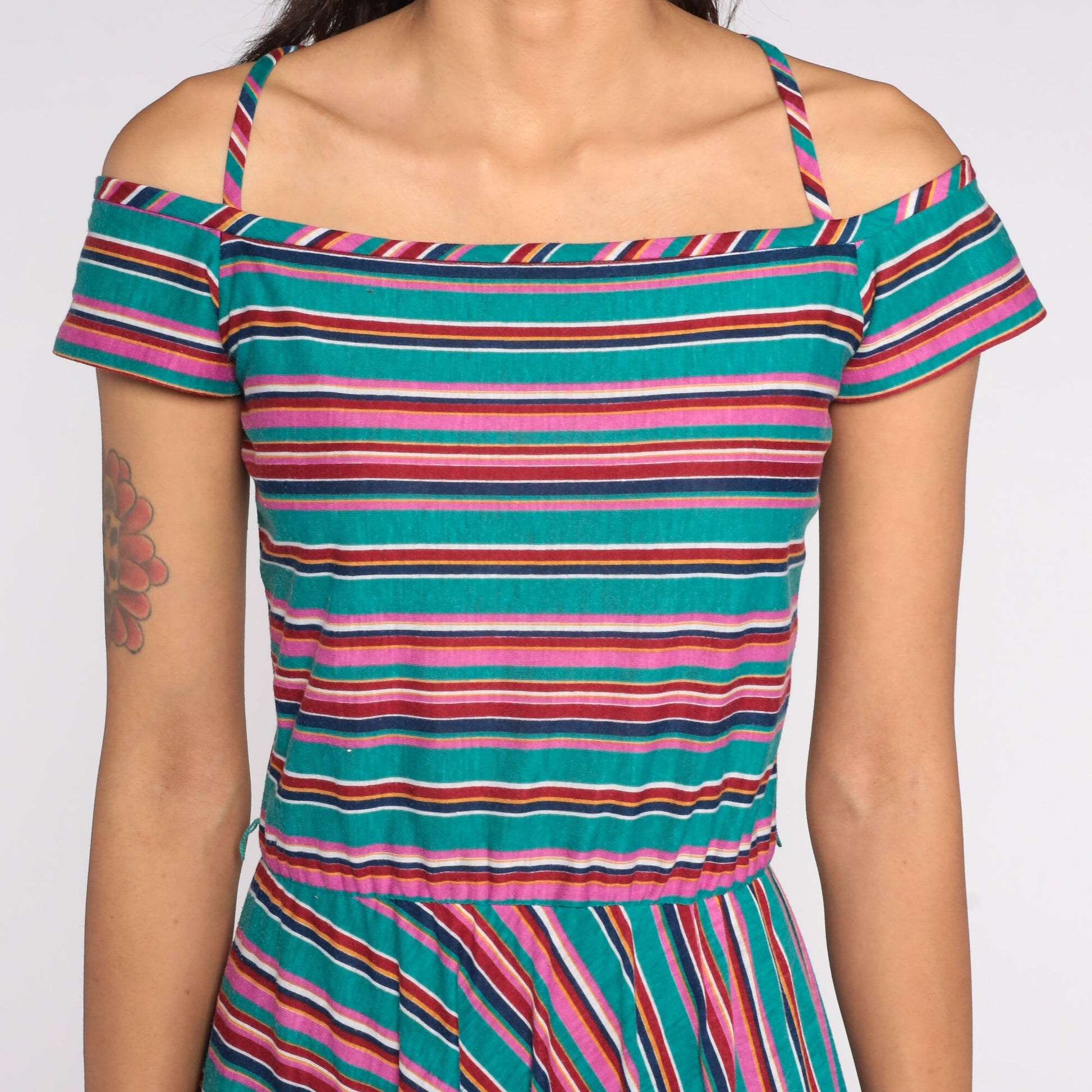 70s Teal Striped Midi Dress Off-Shoulder Criss-Cross Straps Extra Small