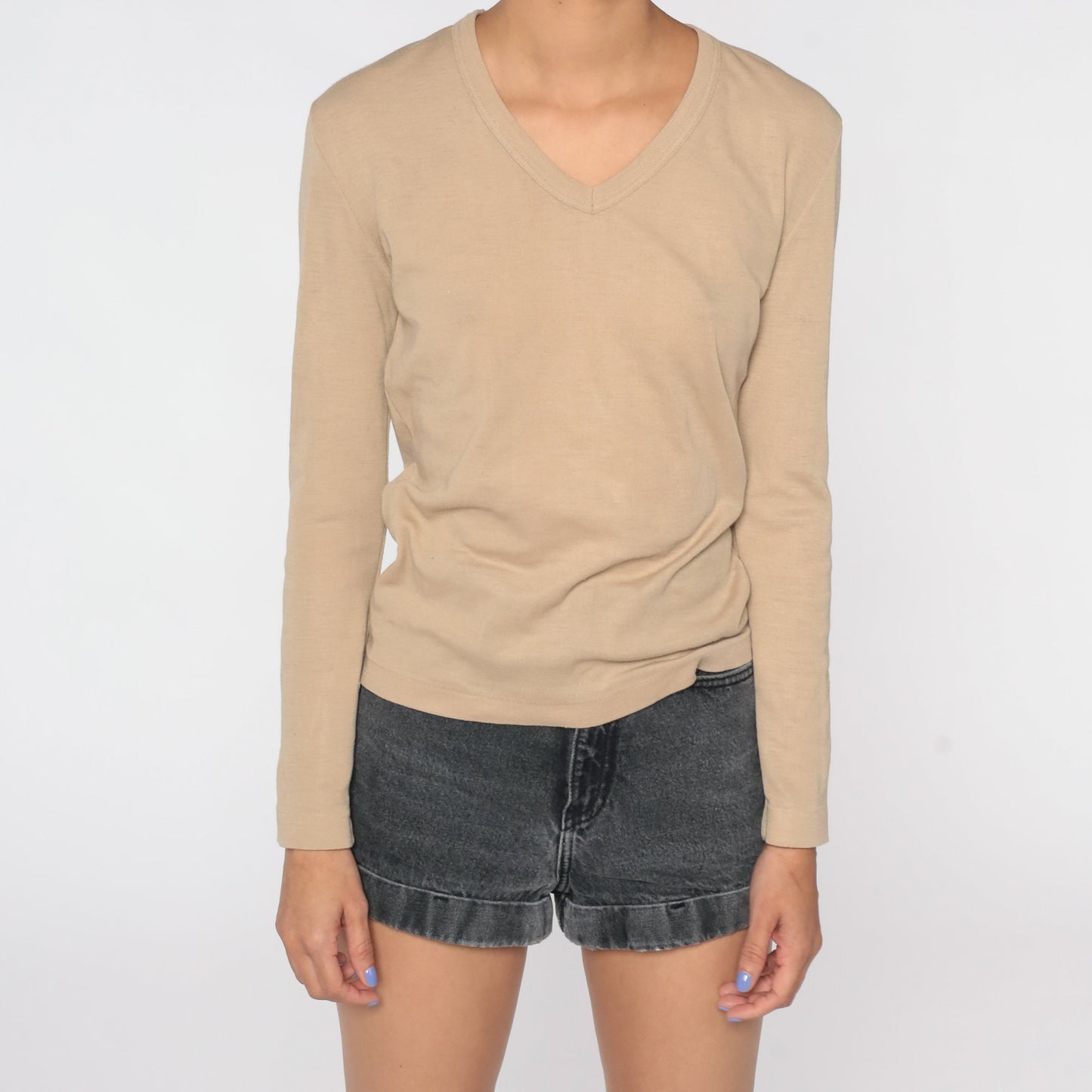 80s Tan Knit V-Neck Long Sleeve Shirt Medium