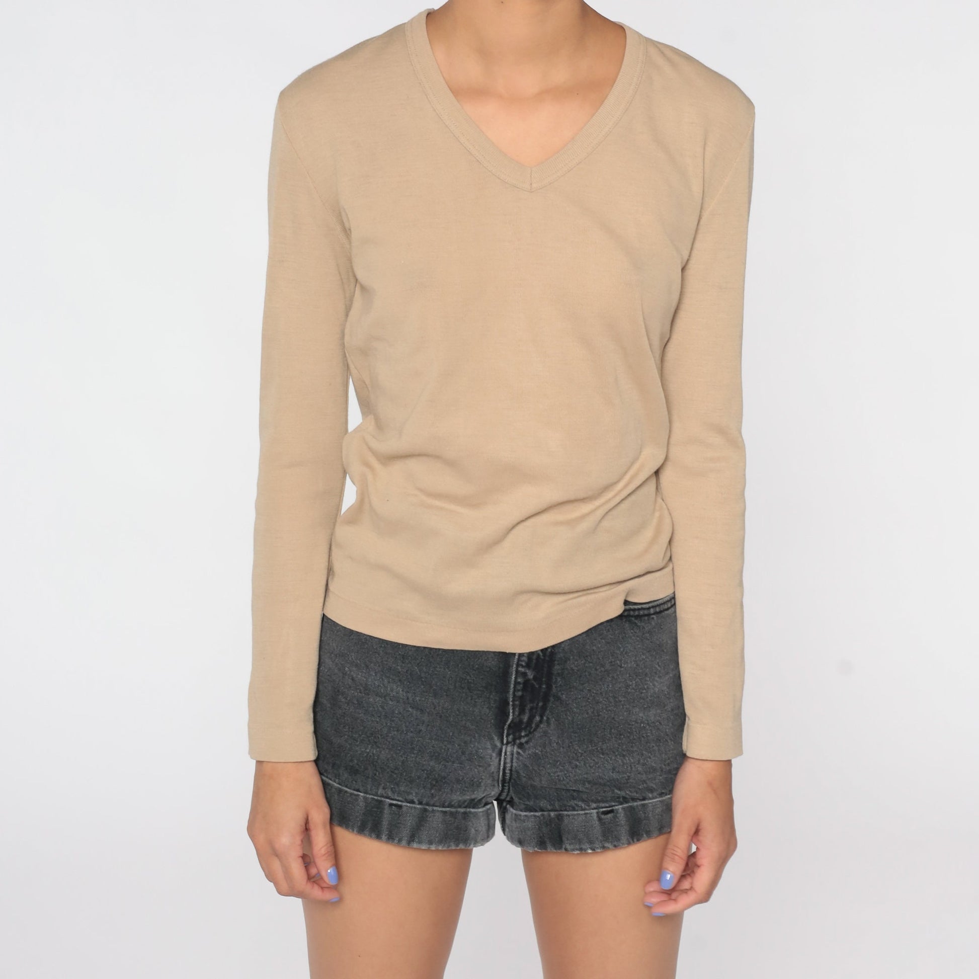 80s Tan Knit V-Neck Long Sleeve Shirt Medium